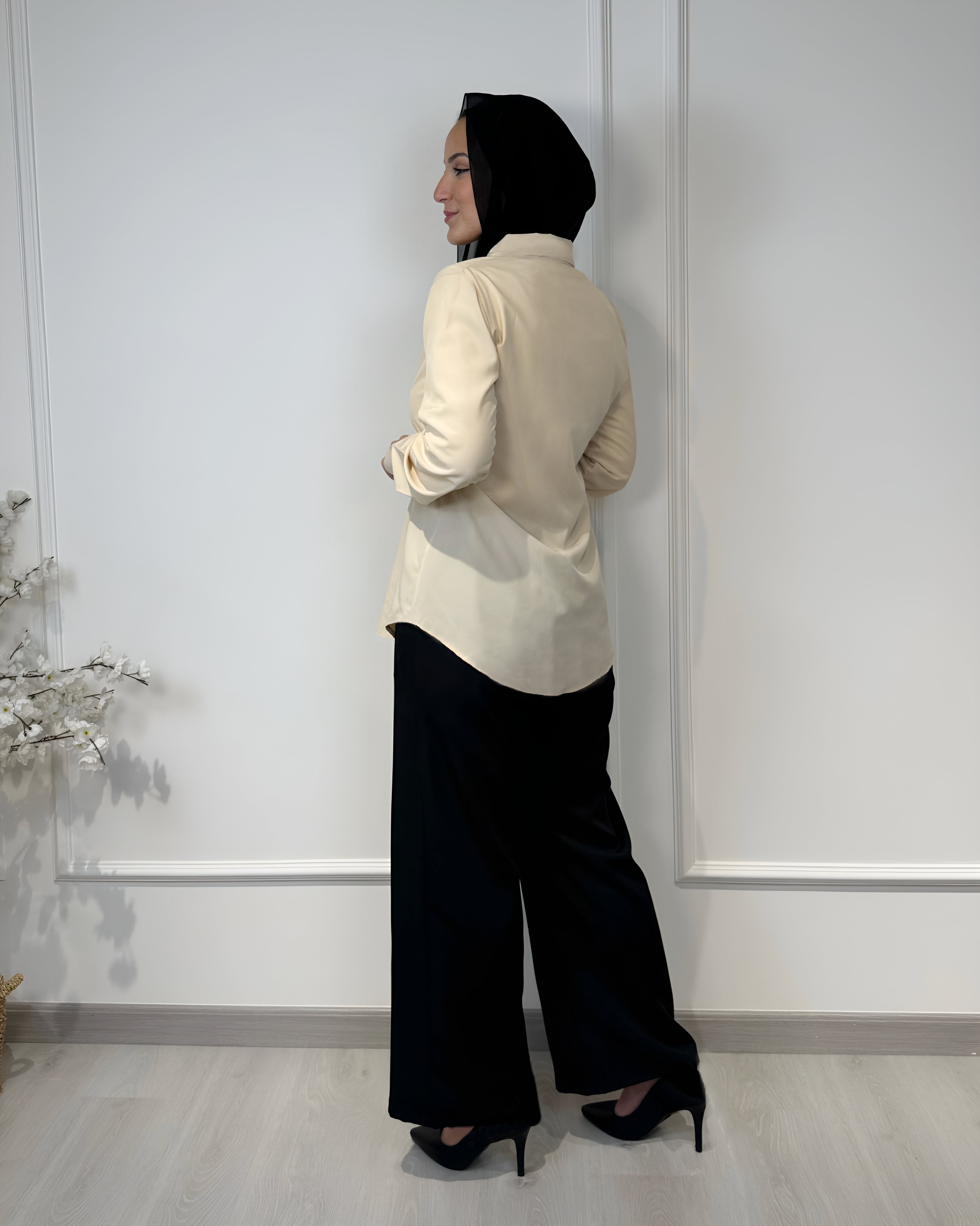 Basic formal long sleeve beige shirt, slim fit, 73 cm length, suitable for formal and semi-formal wear