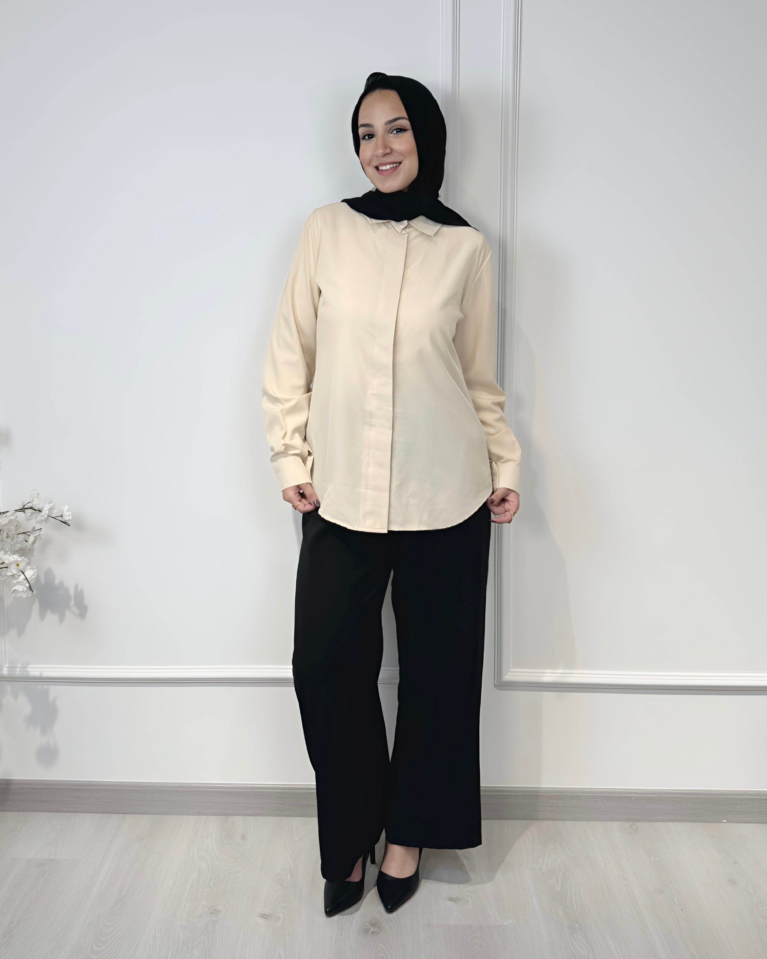 Basic formal long sleeve beige shirt, slim fit, 73 cm length, suitable for formal and semi-formal wear