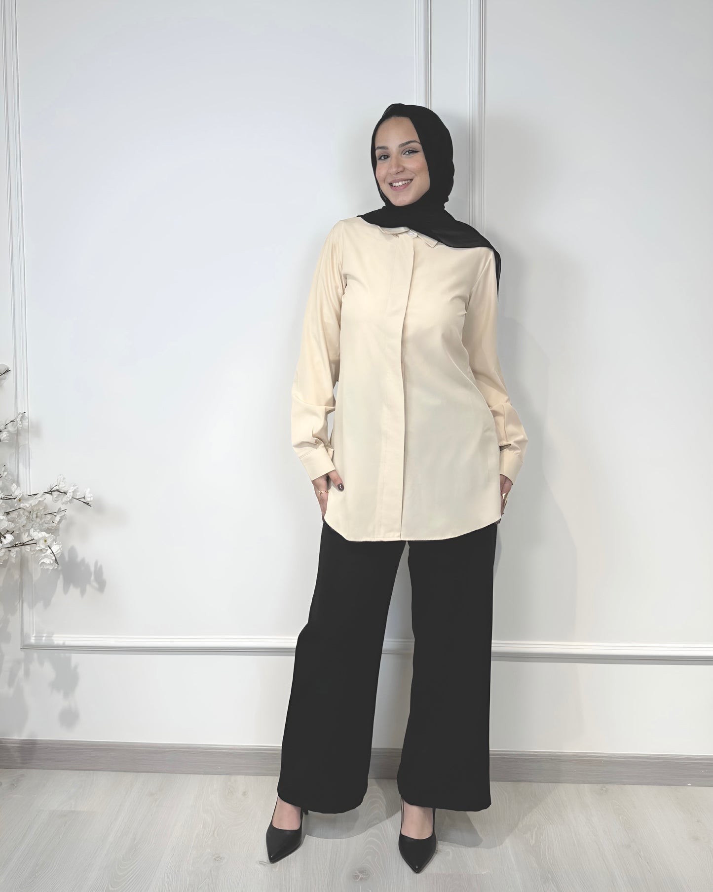 Basic formal long sleeve beige shirt, slim fit, 80 cm length, suitable for formal and semi-formal wear