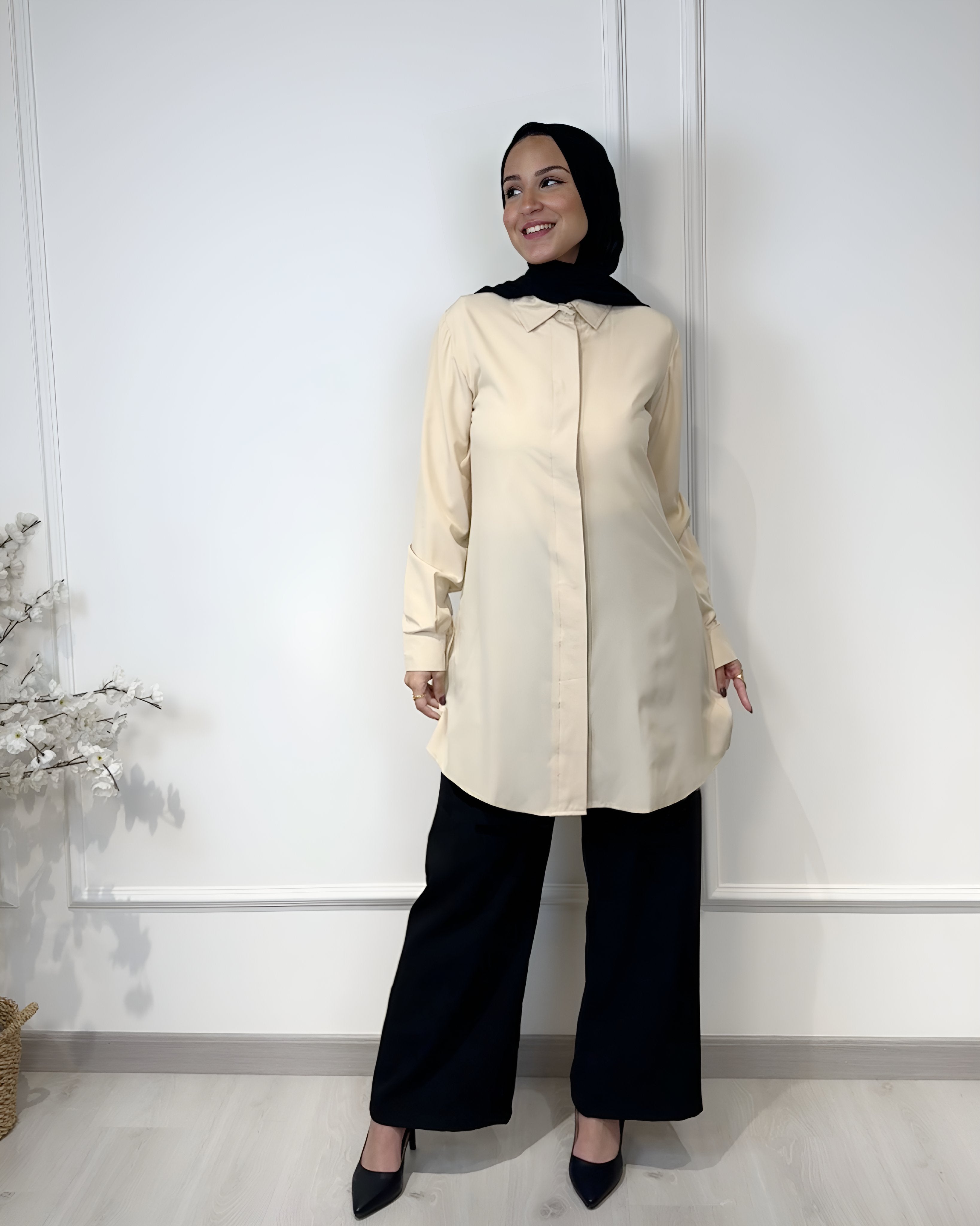 Basic formal long sleeve beige shirt, slim fit, 90 cm length, suitable for formal and semi-formal wear