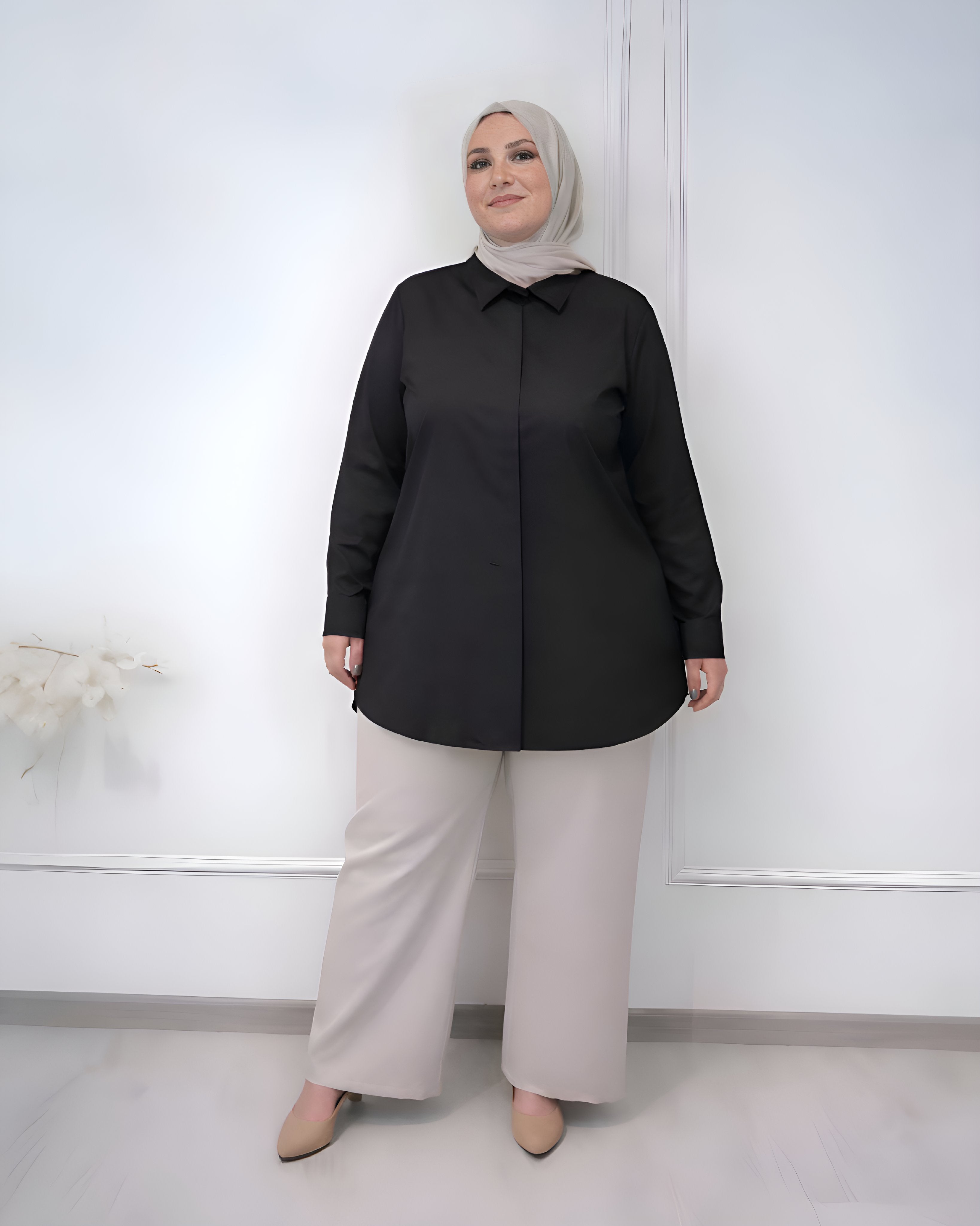 Basic formal long sleeve black shirt, slim fit, 80 cm length, plus size, suitable for formal and semi-formal wear