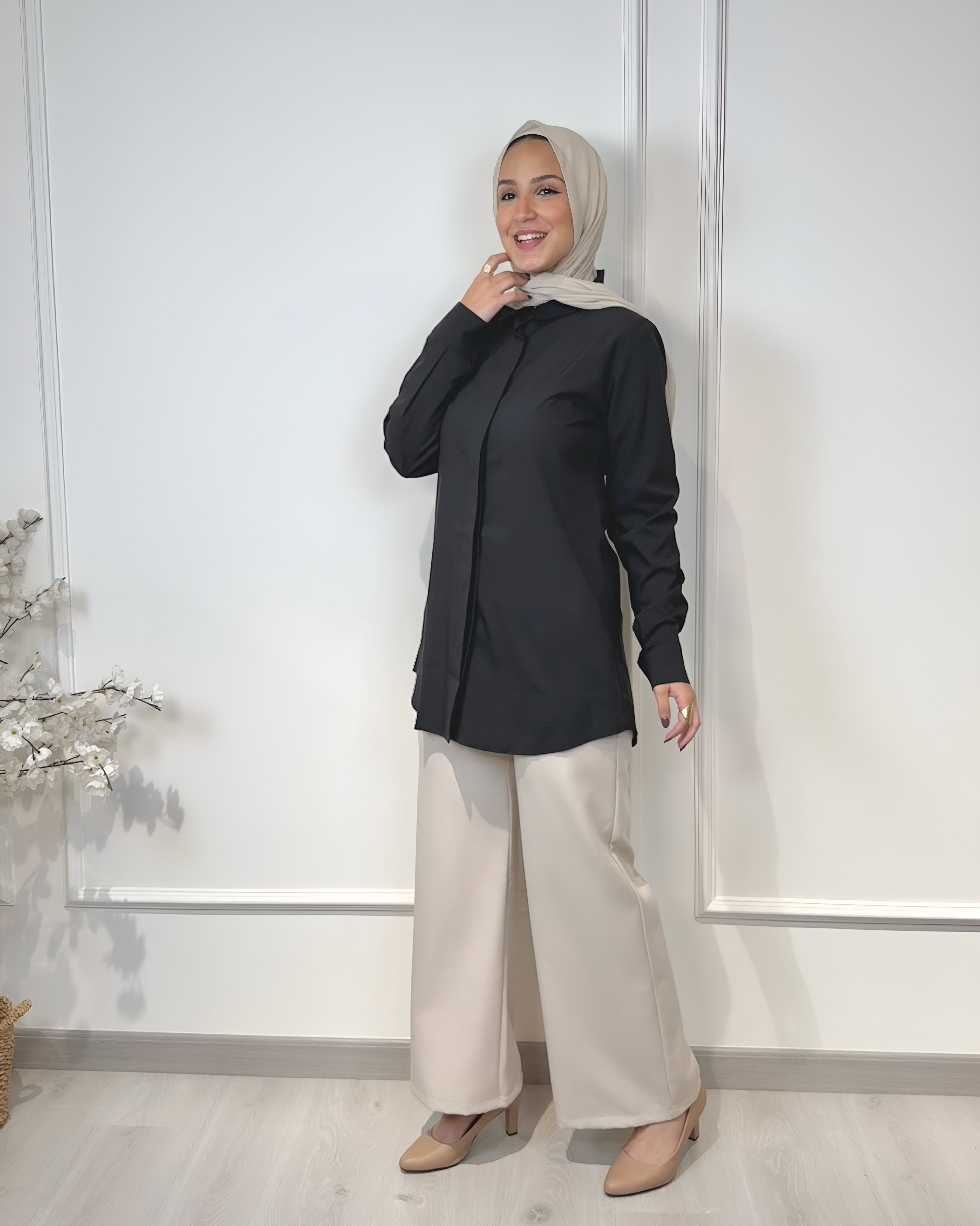 Basic formal long sleeve black shirt, slim fit, 80 cm length, suitable for formal and semi-formal wear