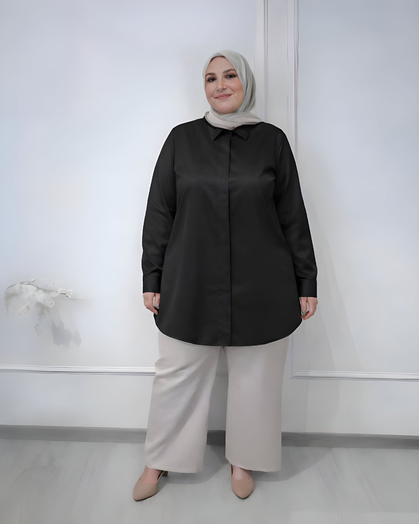 Basic formal long sleeve black shirt, slim fit, 90 cm length, suitable for formal and semi-formal wear