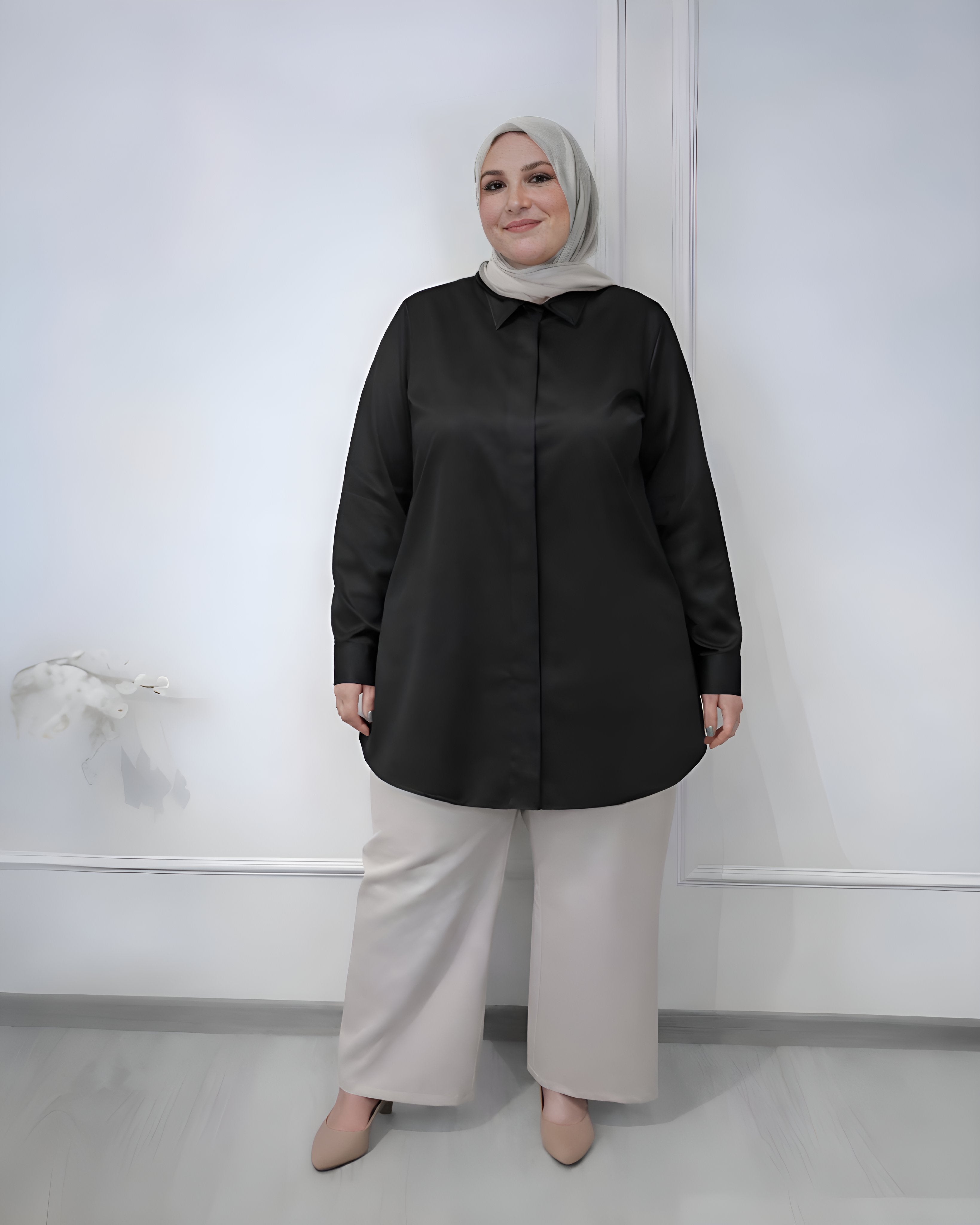 Basic formal long sleeve black shirt, slim fit, 90 cm length, suitable for formal and semi-formal wear