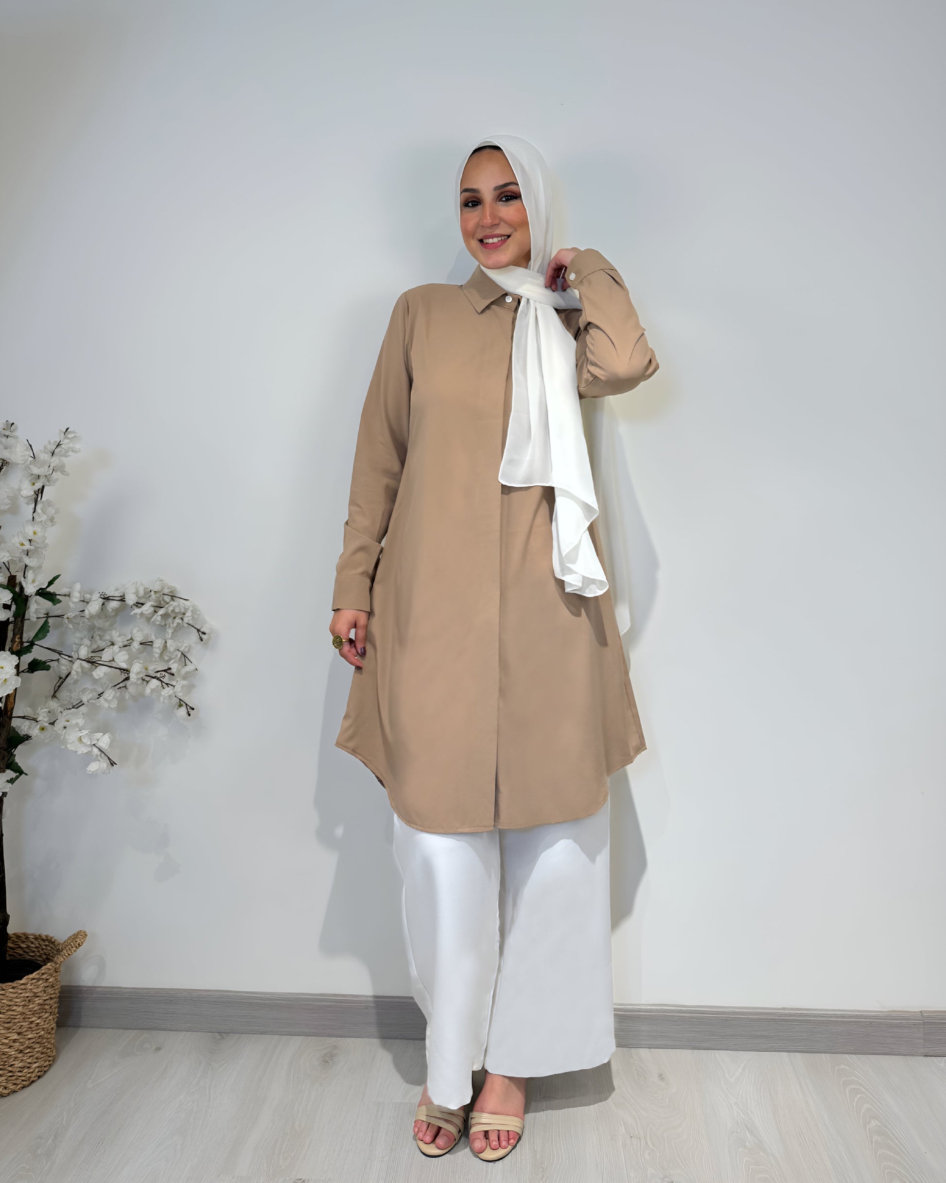 Basic formal long sleeve caffe shirt, slim fit, 100 cm length, suitable for formal and semi-formal wear