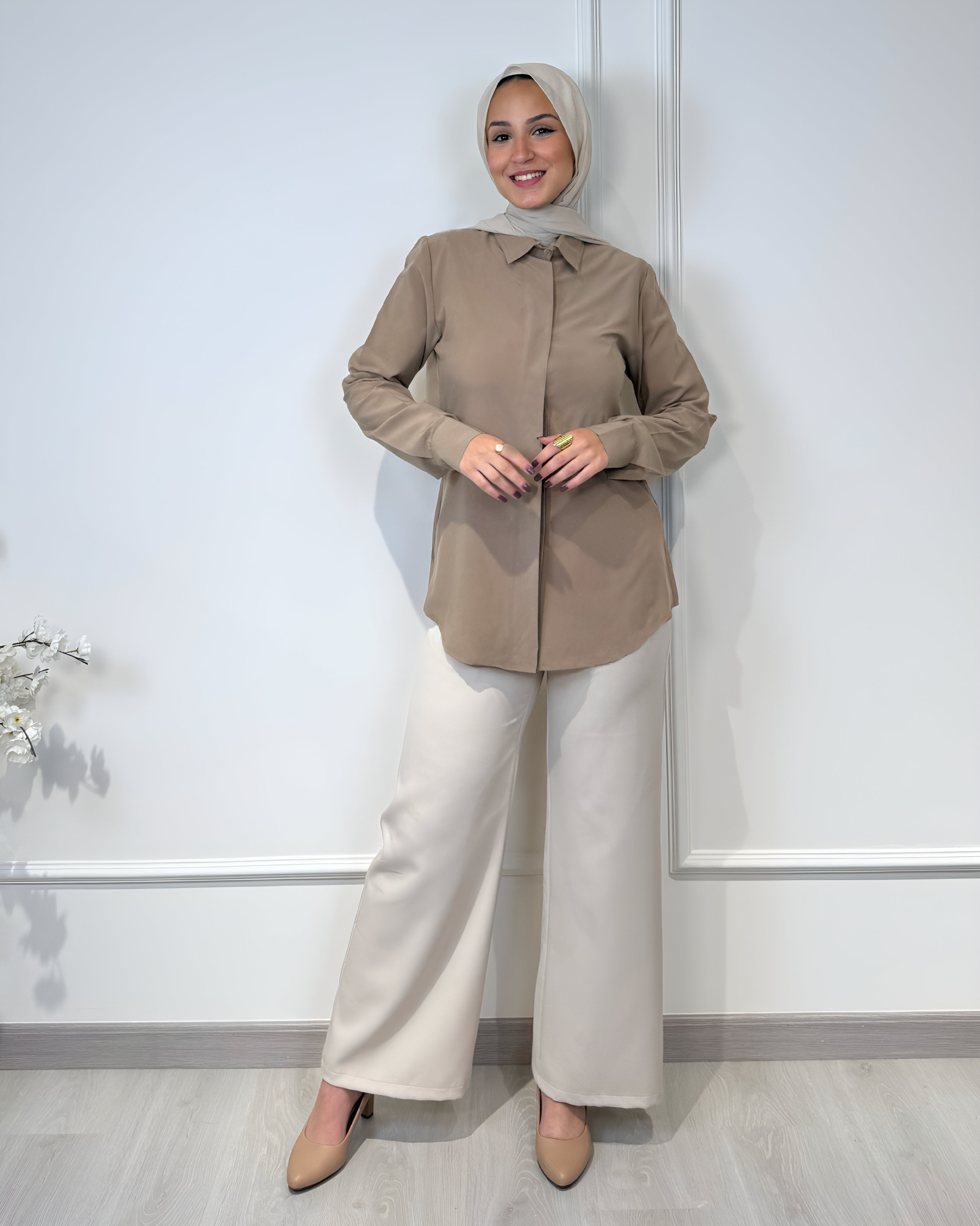 Basic formal long sleeve caffe shirt, slim fit, 73 cm length, suitable for formal and semi-formal wear