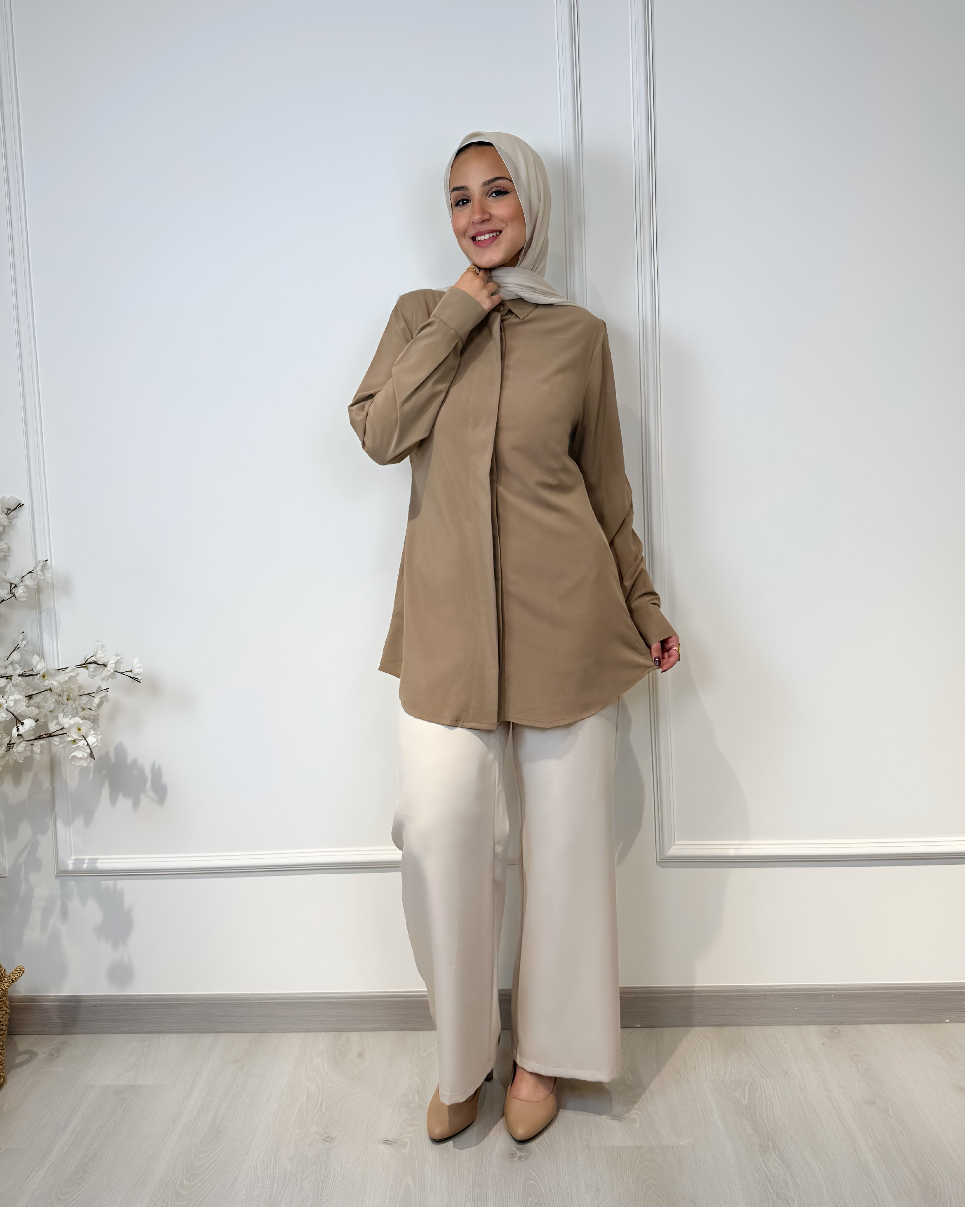 Basic formal long sleeve caffe shirt, slim fit, 80 cm length, suitable for formal and semi-formal wear