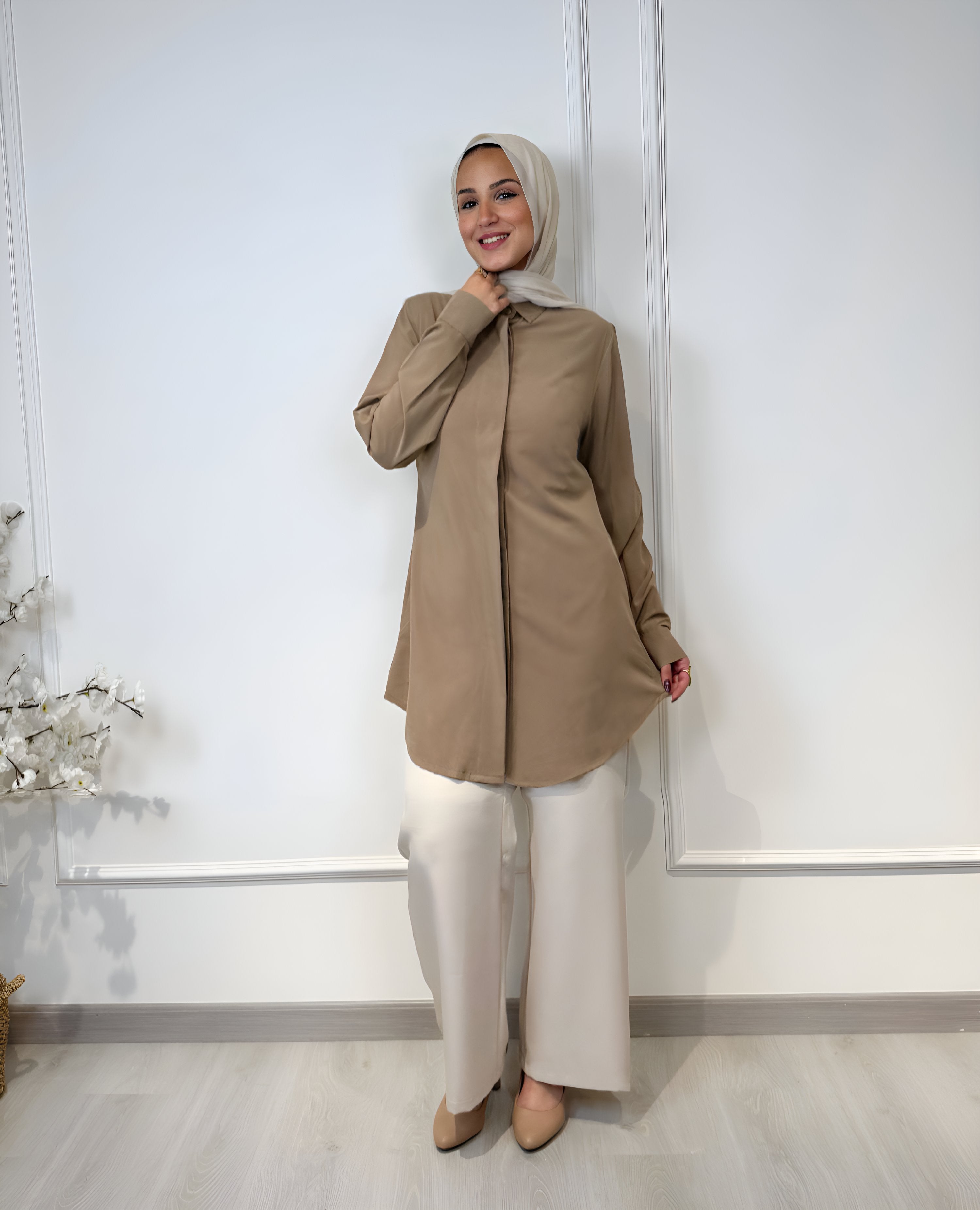 Basic formal long sleeve caffe shirt, slim fit, 90 cm length, suitable for formal and semi-formal wear