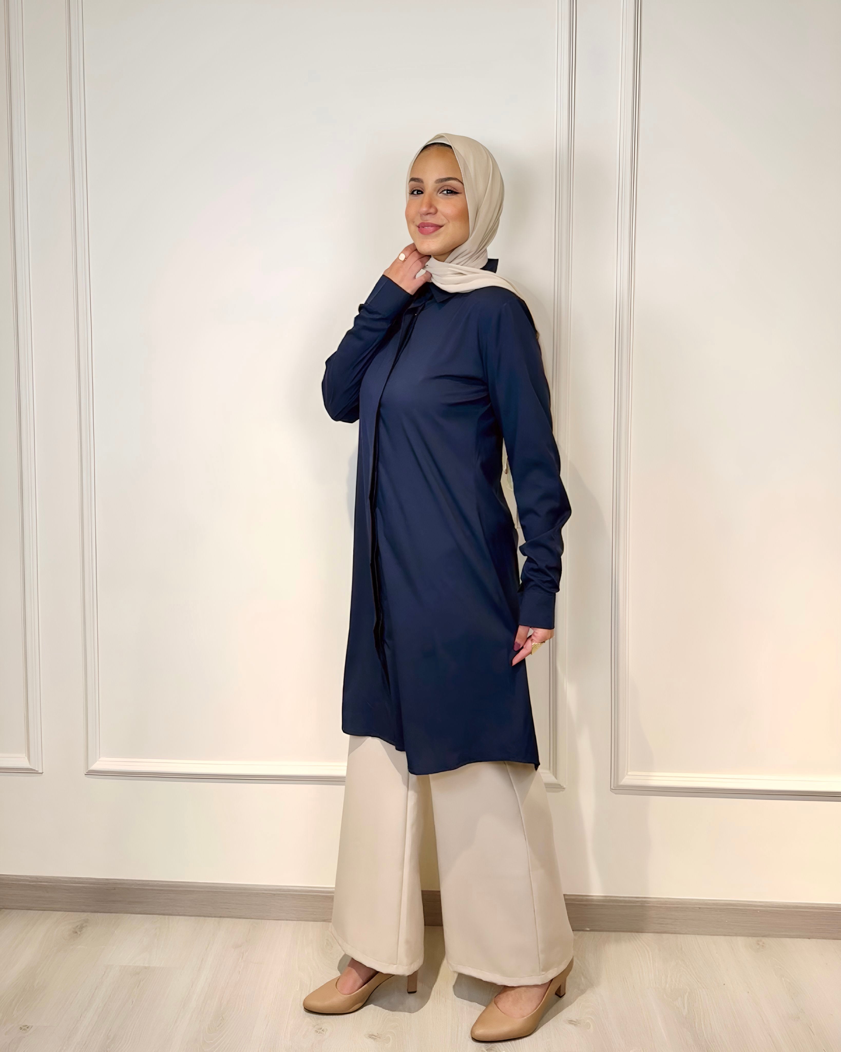 Basic formal long sleeve navy shirt, slim fit, 100 cm length, suitable for formal and semi-formal wear