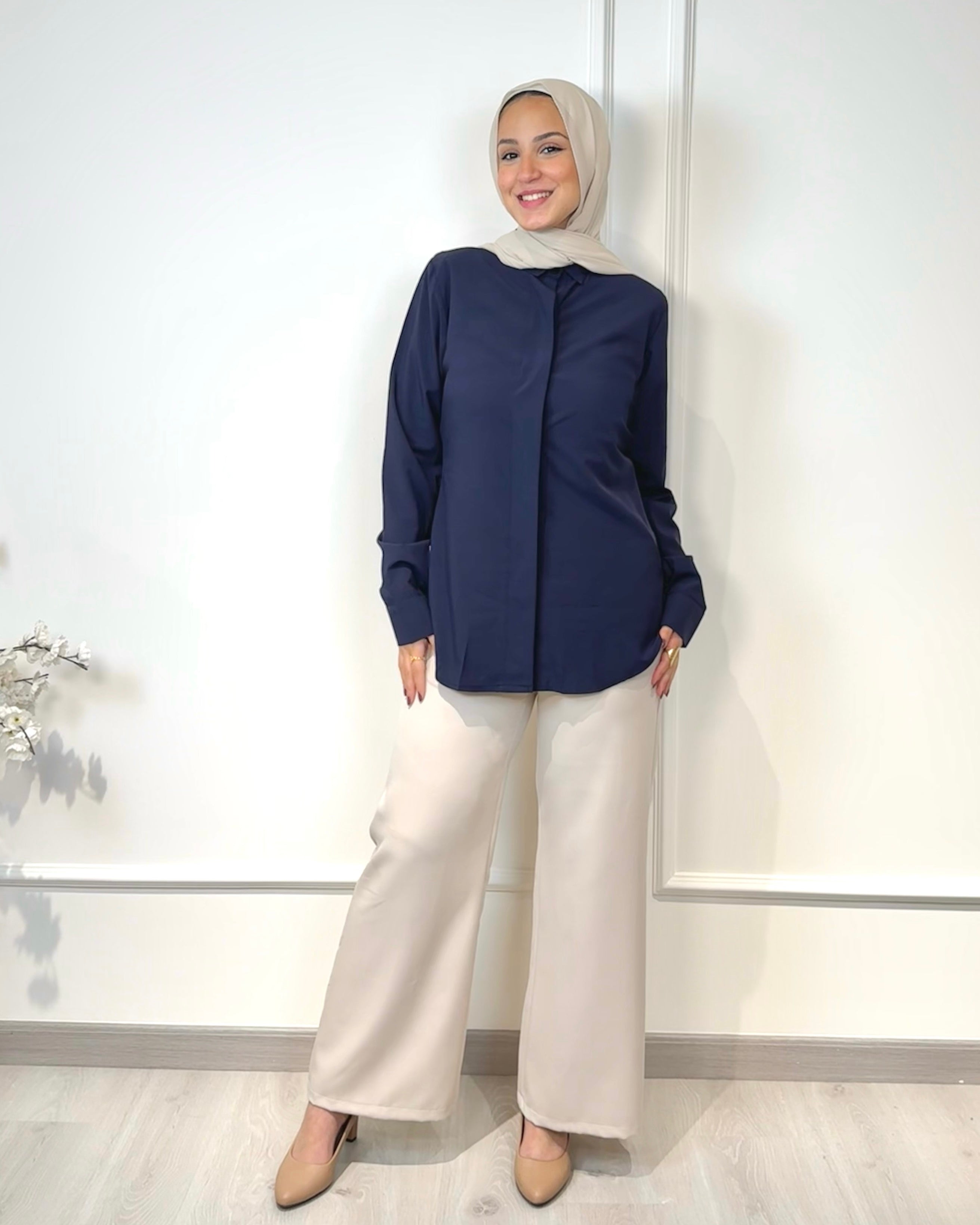 Basic formal long sleeve navy shirt, slim fit, 73 cm length, suitable for formal and semi-formal wear