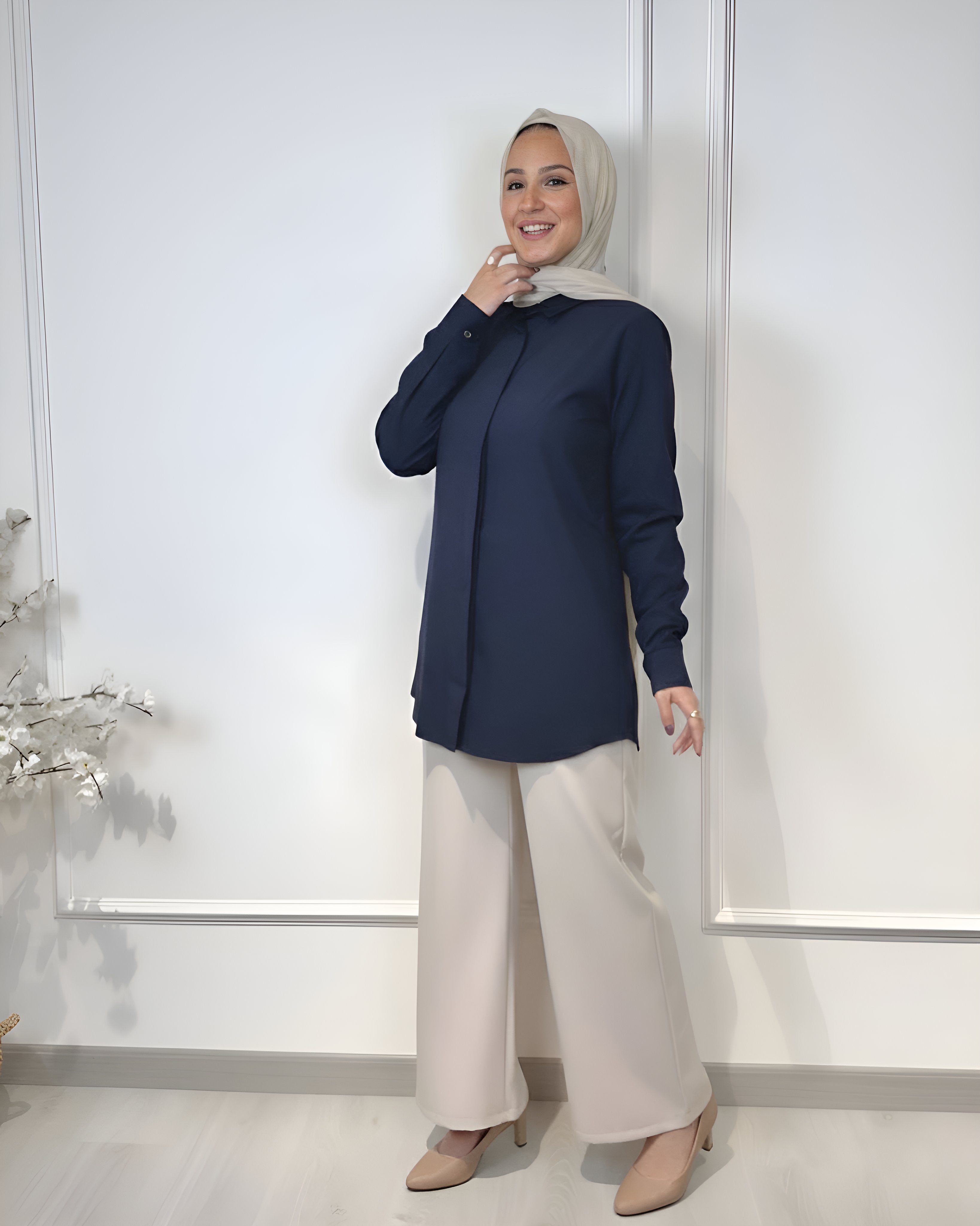 Basic formal long sleeve navy shirt, slim fit, 80 cm length, suitable for formal and semi-formal wear