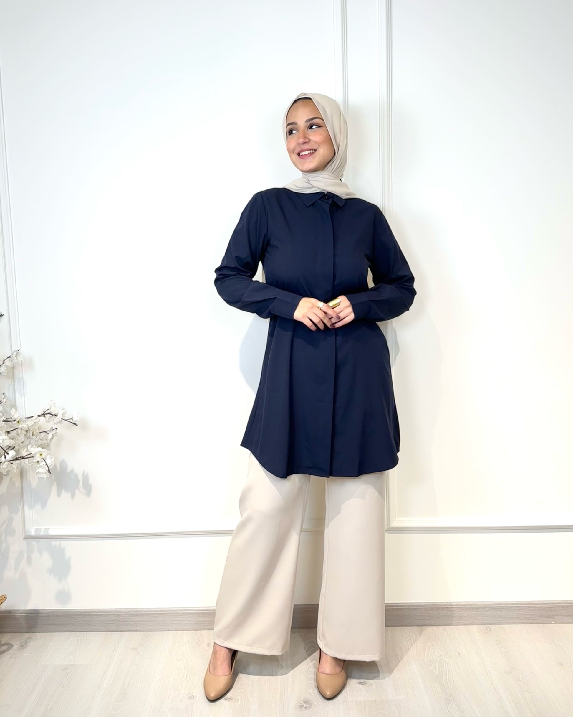 Basic formal long sleeve navy shirt, slim fit, 90 cm length, suitable for formal and semi-formal wear