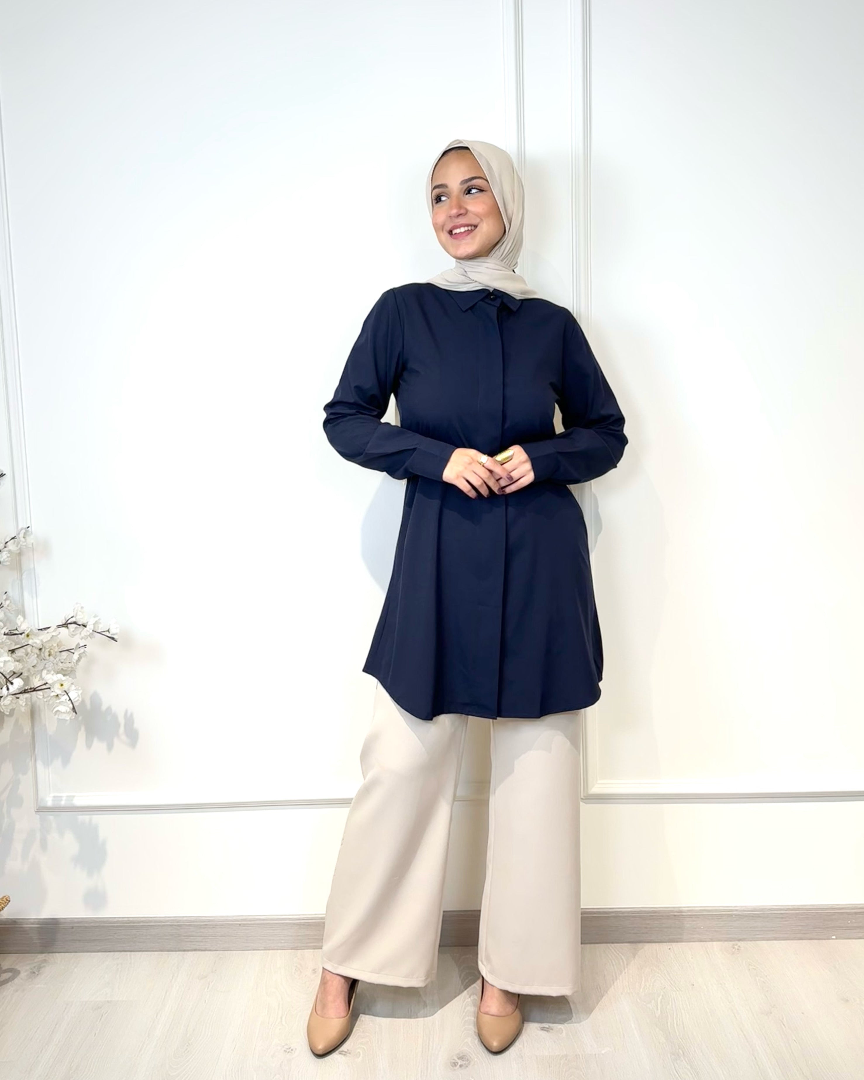 Basic formal long sleeve navy shirt, slim fit, 90 cm length, suitable for formal and semi-formal wear