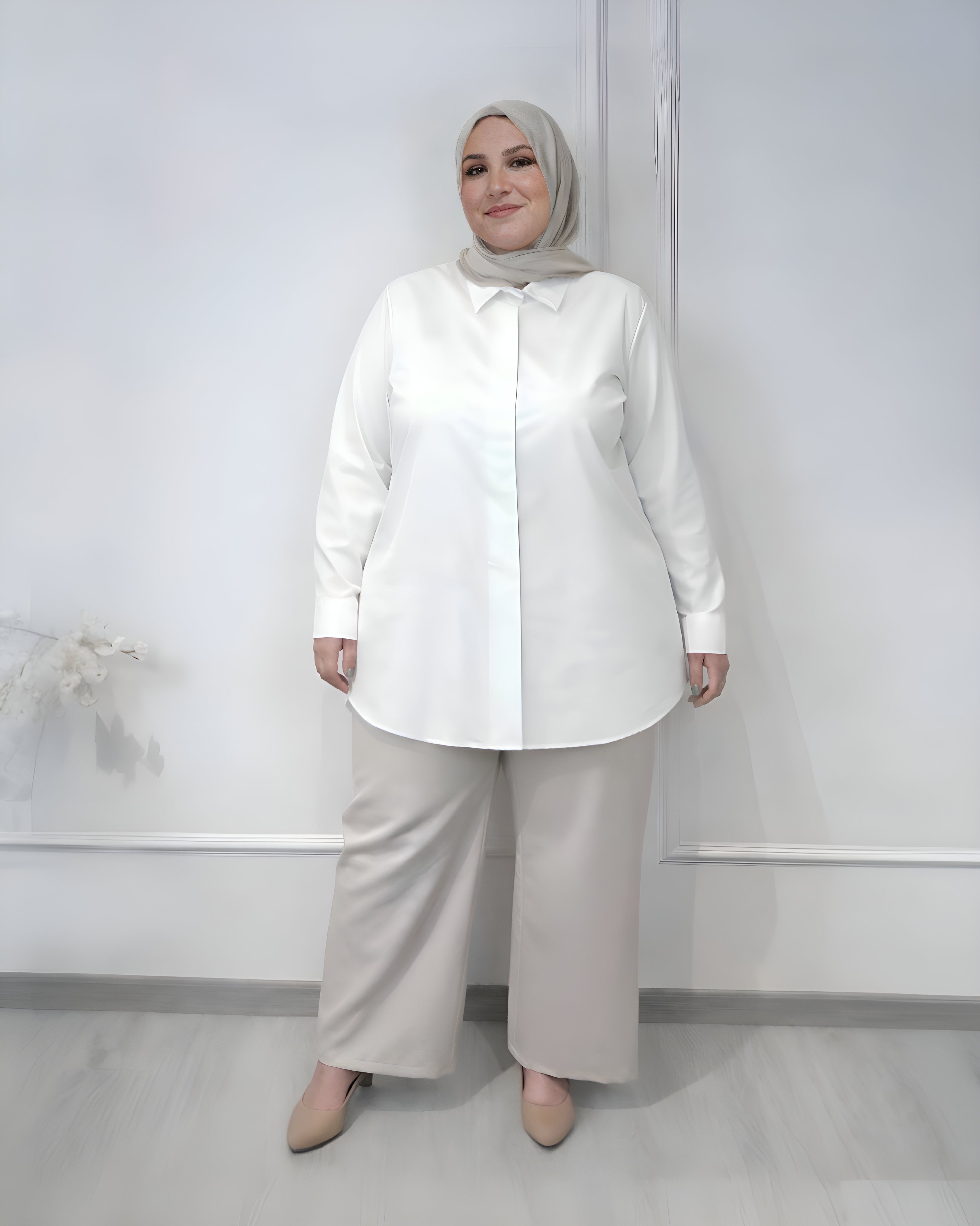 Basic formal long sleeve off white shirt, slim fit, 80 cm length, suitable for formal and semi-formal wear