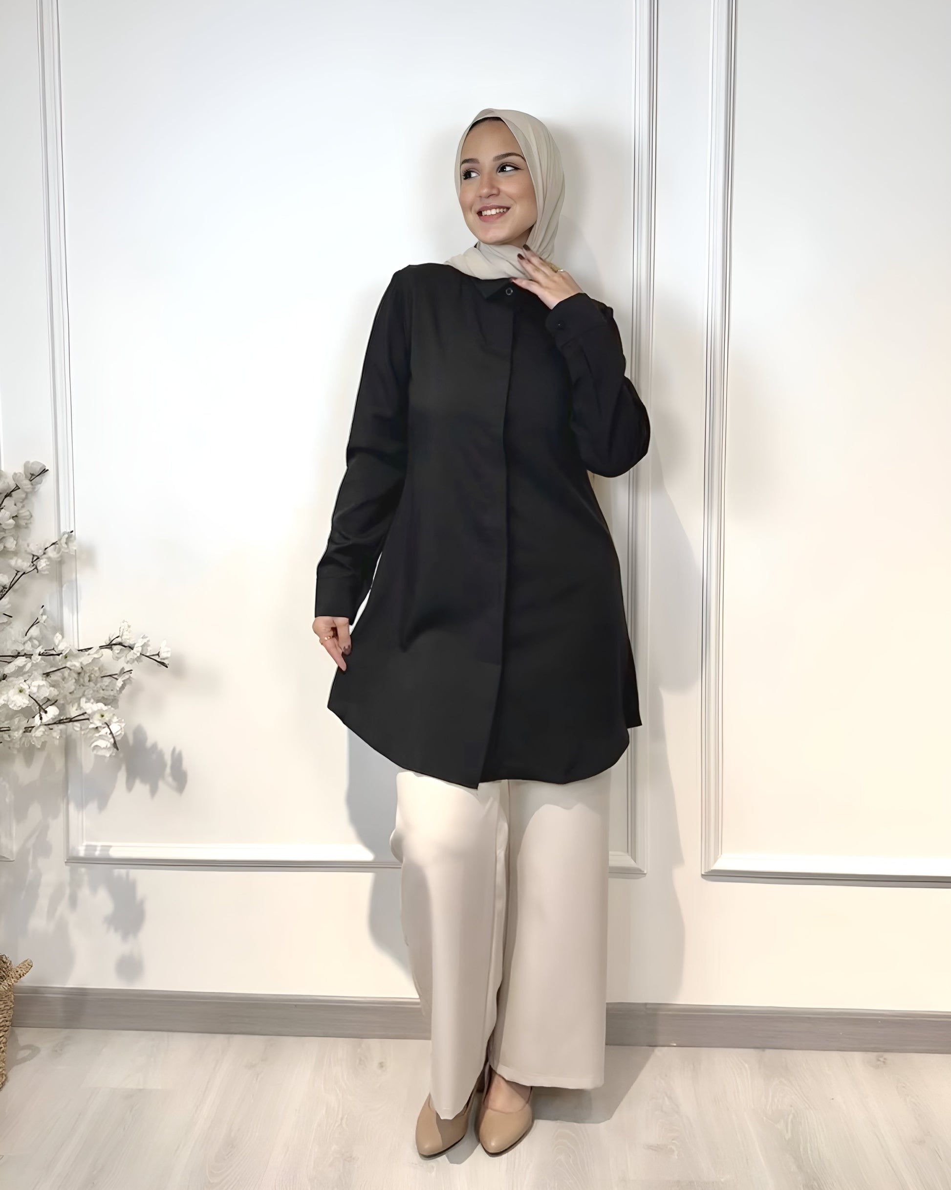 Basic formal long sleeve off-white shirt, slim fit, 90 cm length, suitable for formal and semi-formal wear