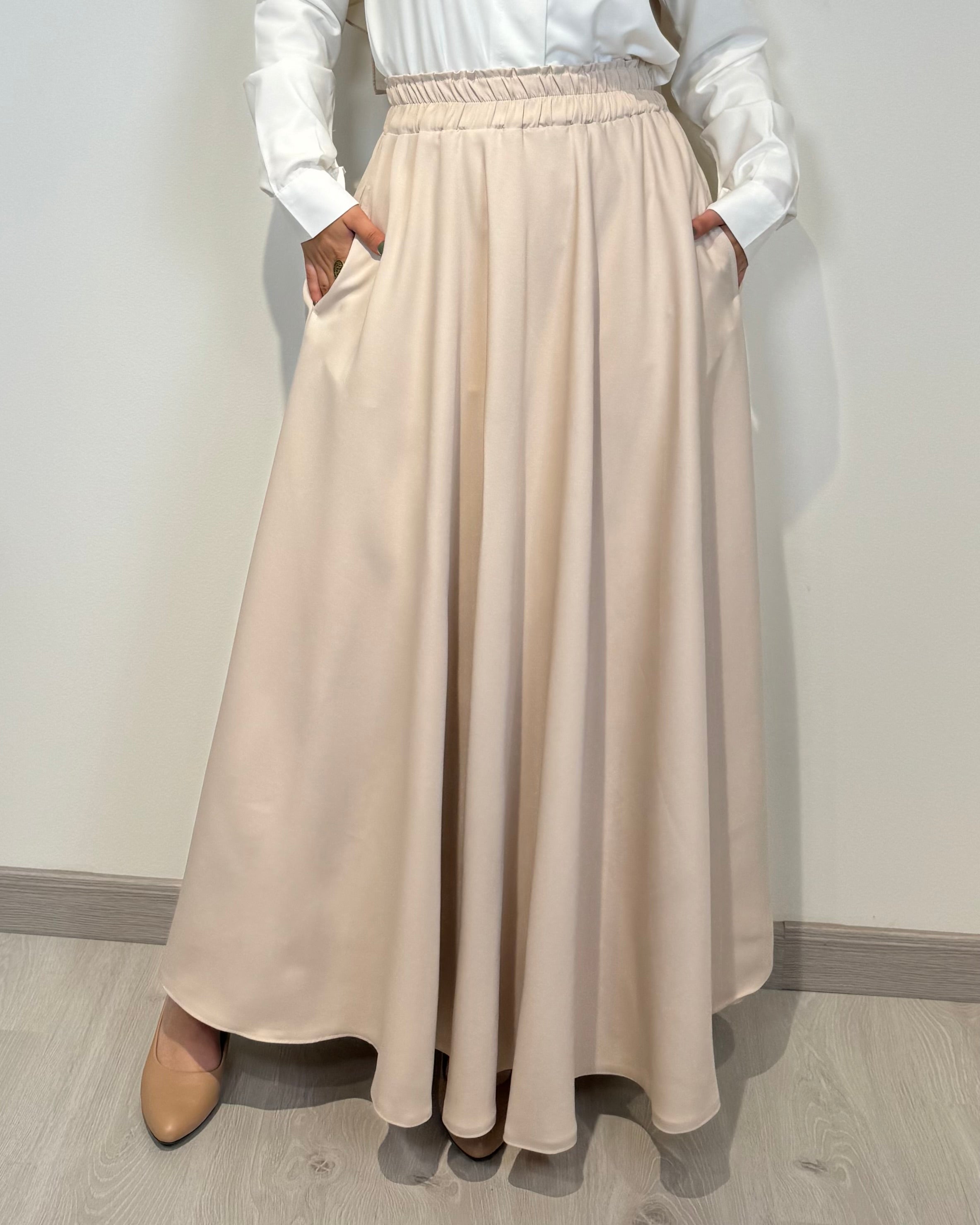Crepe full cloche maxi skirt in beige with a flowing fit, length 100 cm