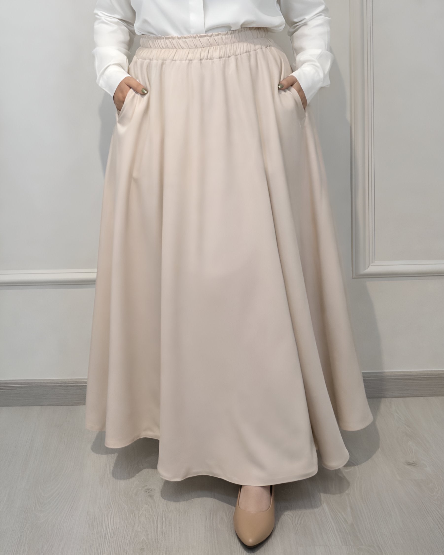Crepe full cloche maxi skirt in beige with a flowing fit, length 100 cm. plus size