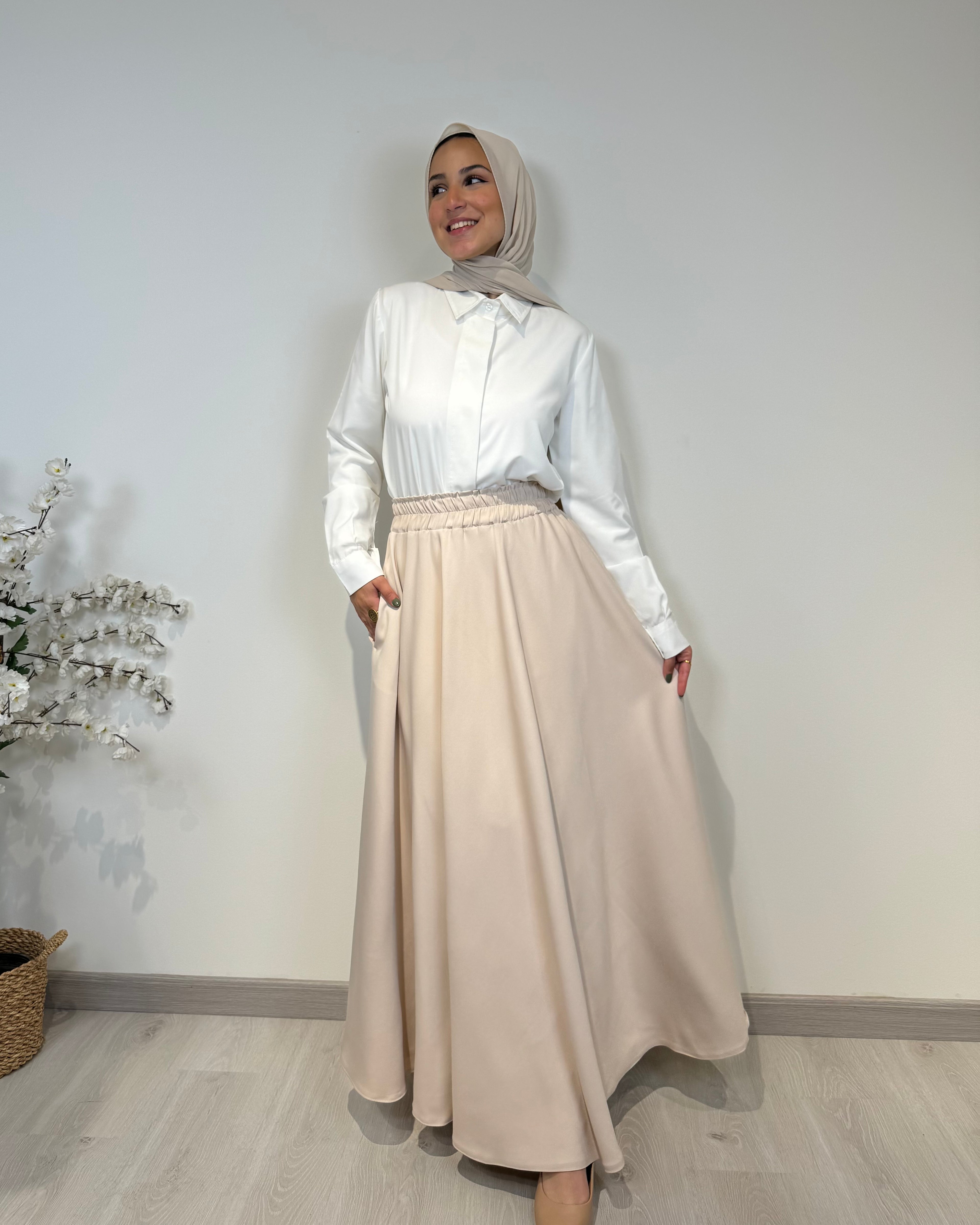 Crepe full cloche maxi skirt in beige with a flowing fit, length 100 cm