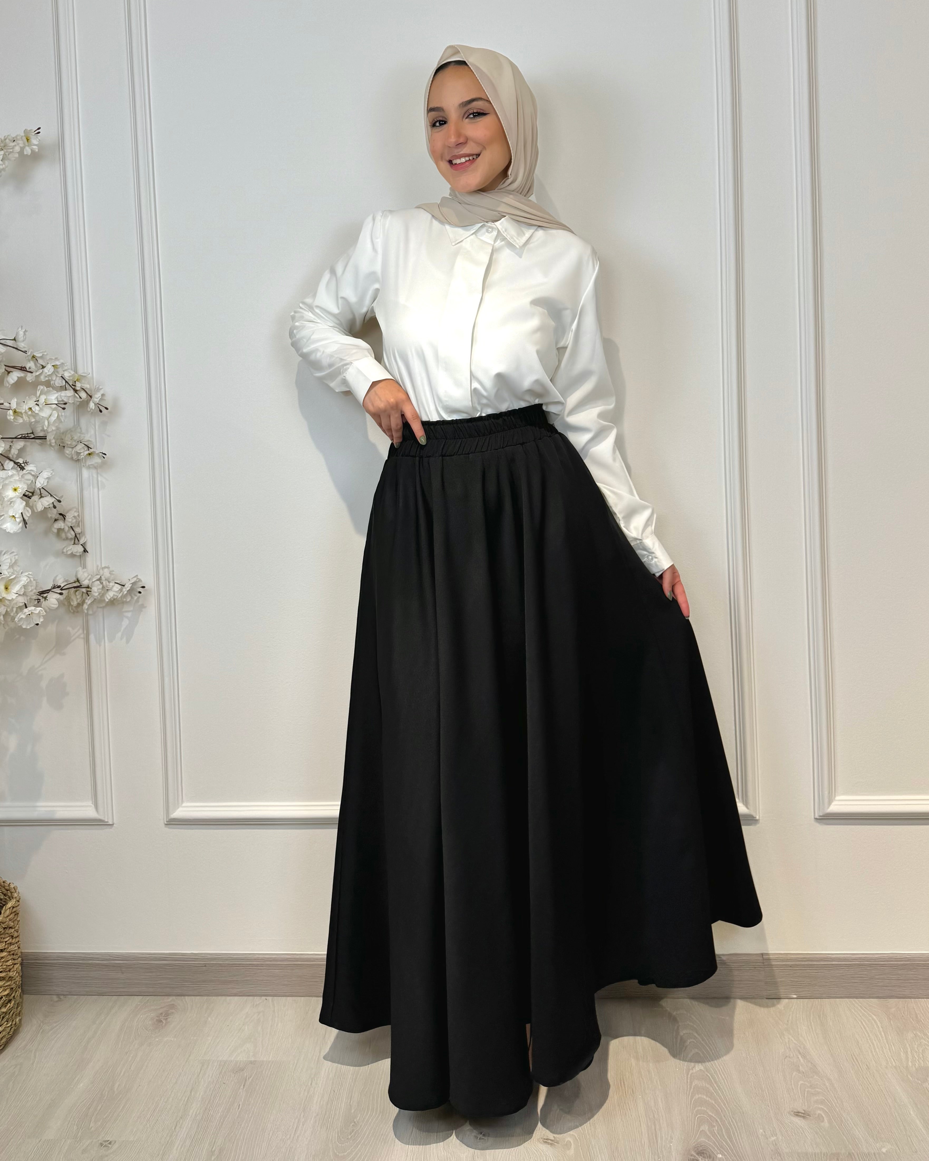 Crepe full cloche maxi skirt in black with a flowing fit, length 100 cm
