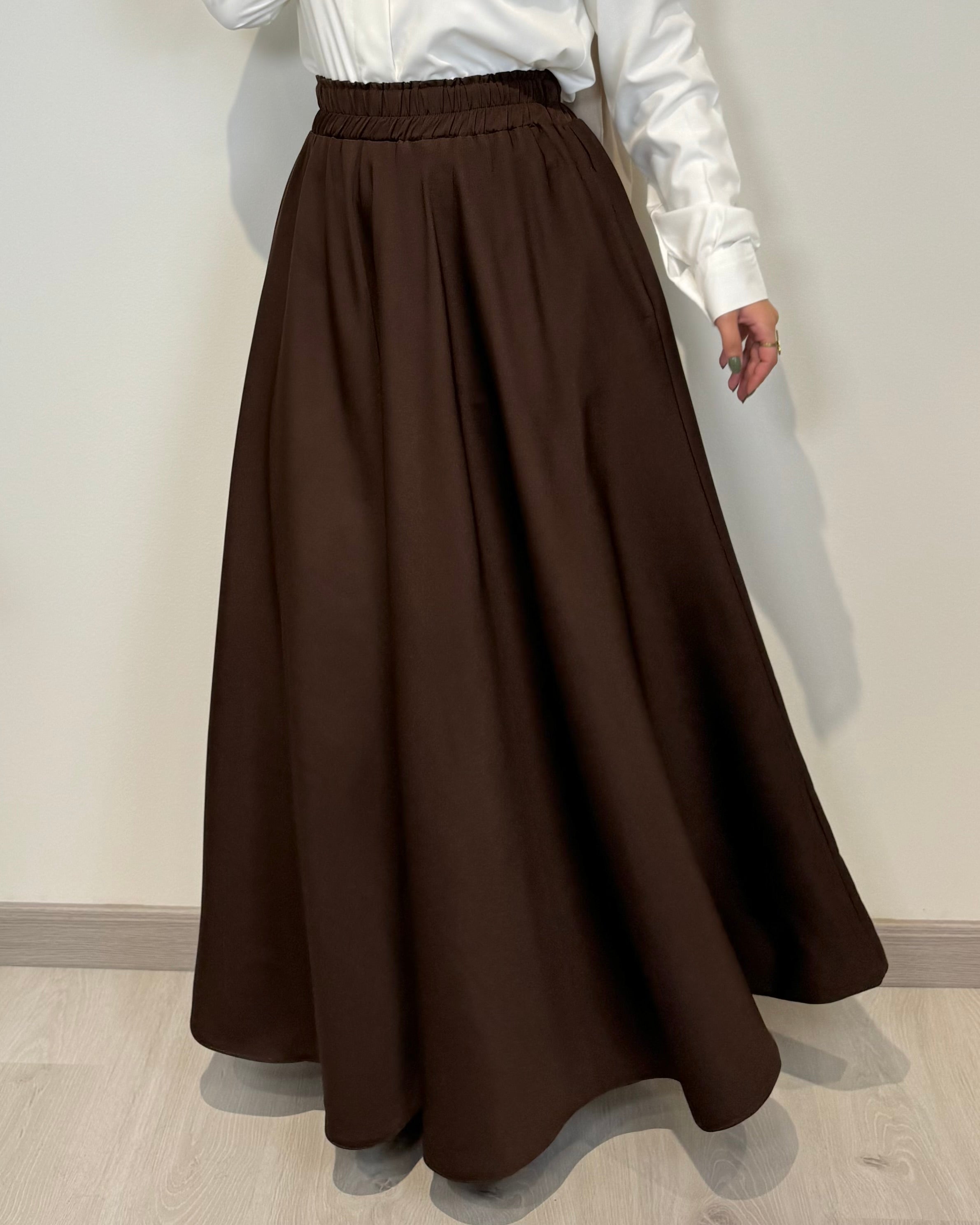 Crepe full cloche maxi skirt in brown with a flowing fit, length 100 cm
