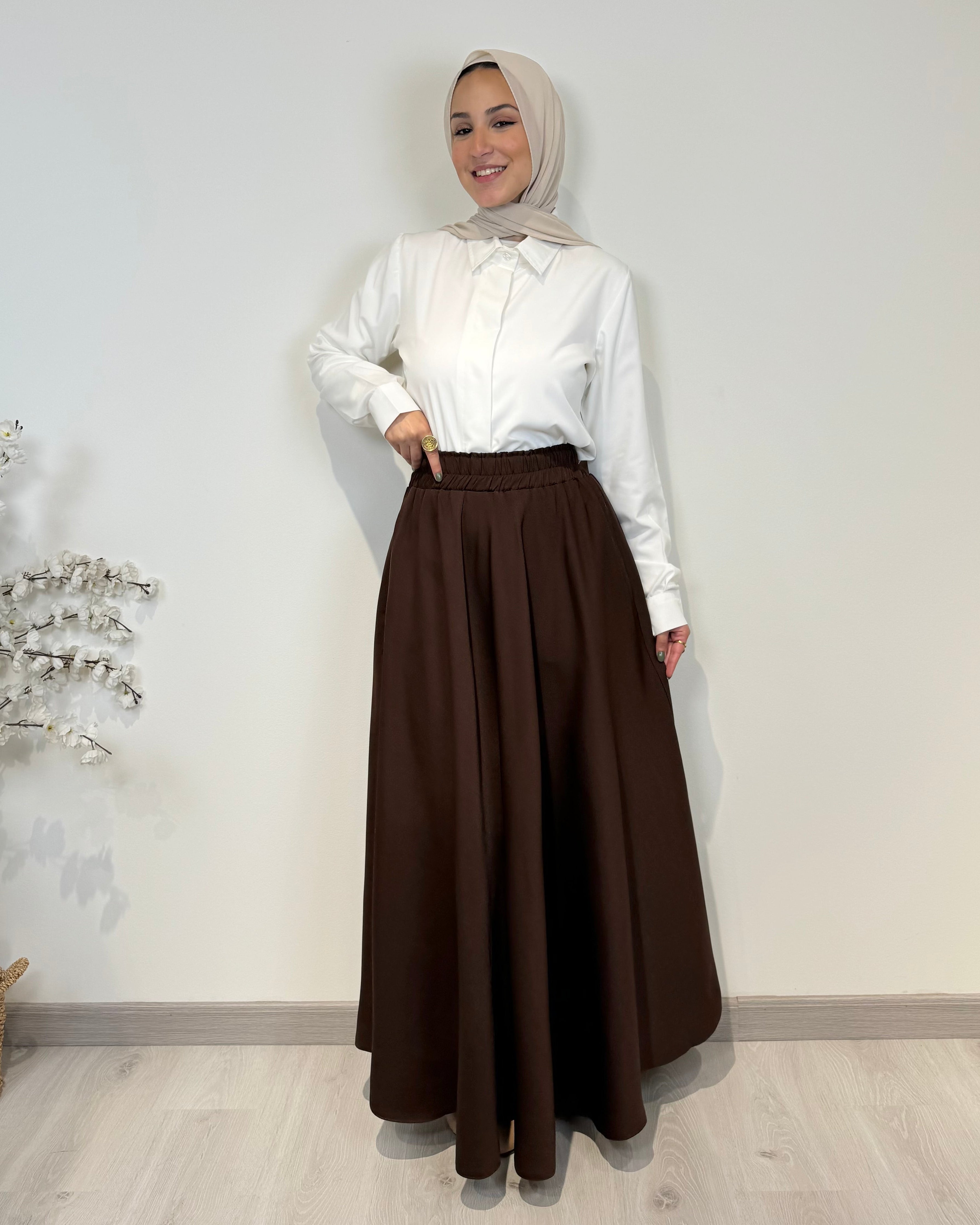 Crepe full cloche maxi skirt in brown with a flowing fit, length 100 cm
