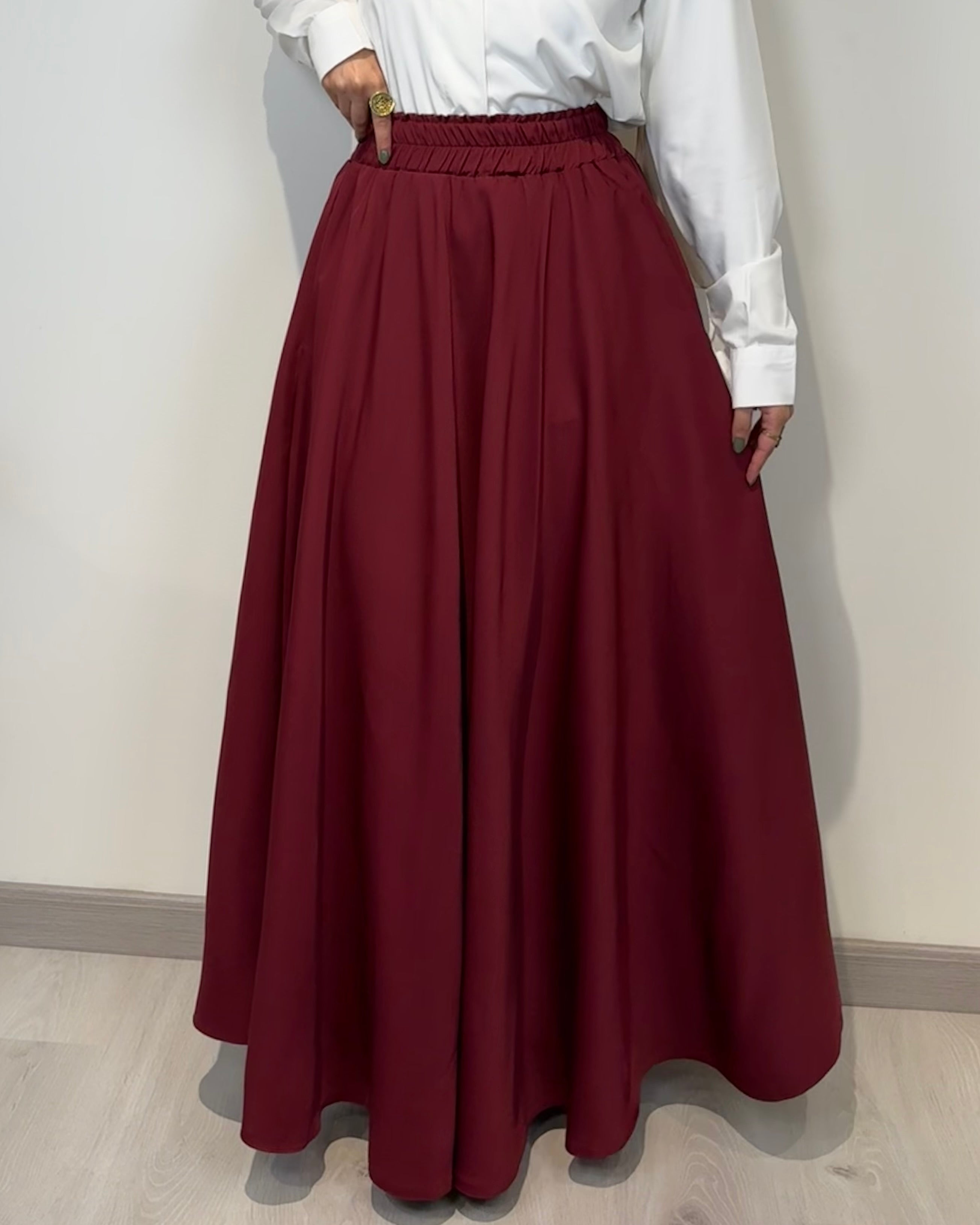 Crepe full cloche maxi skirt in burgundy with a flowing fit, length 100 cm