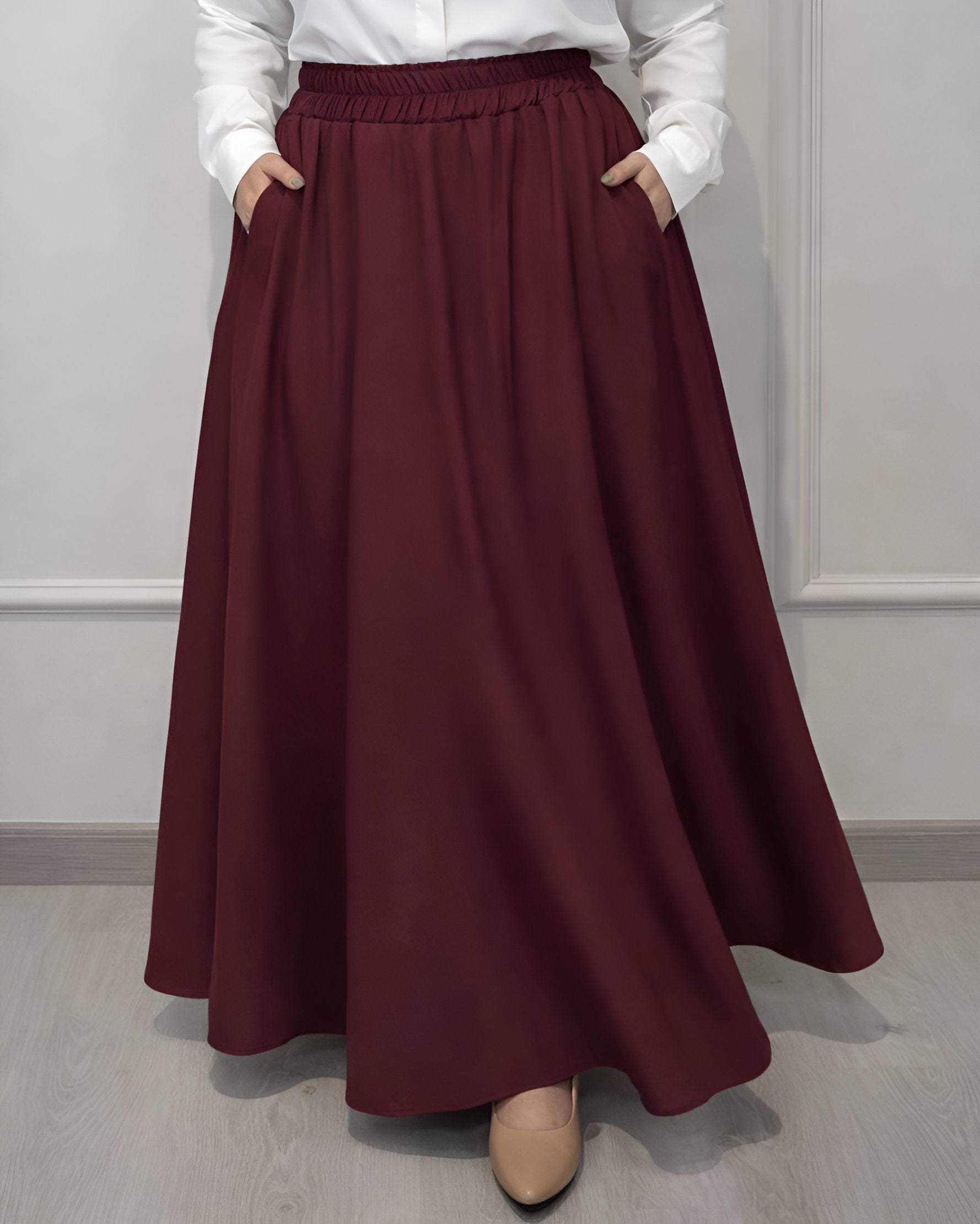 Crepe full cloche maxi skirt in burgundy with a flowing fit, length 100 cm. Plus size