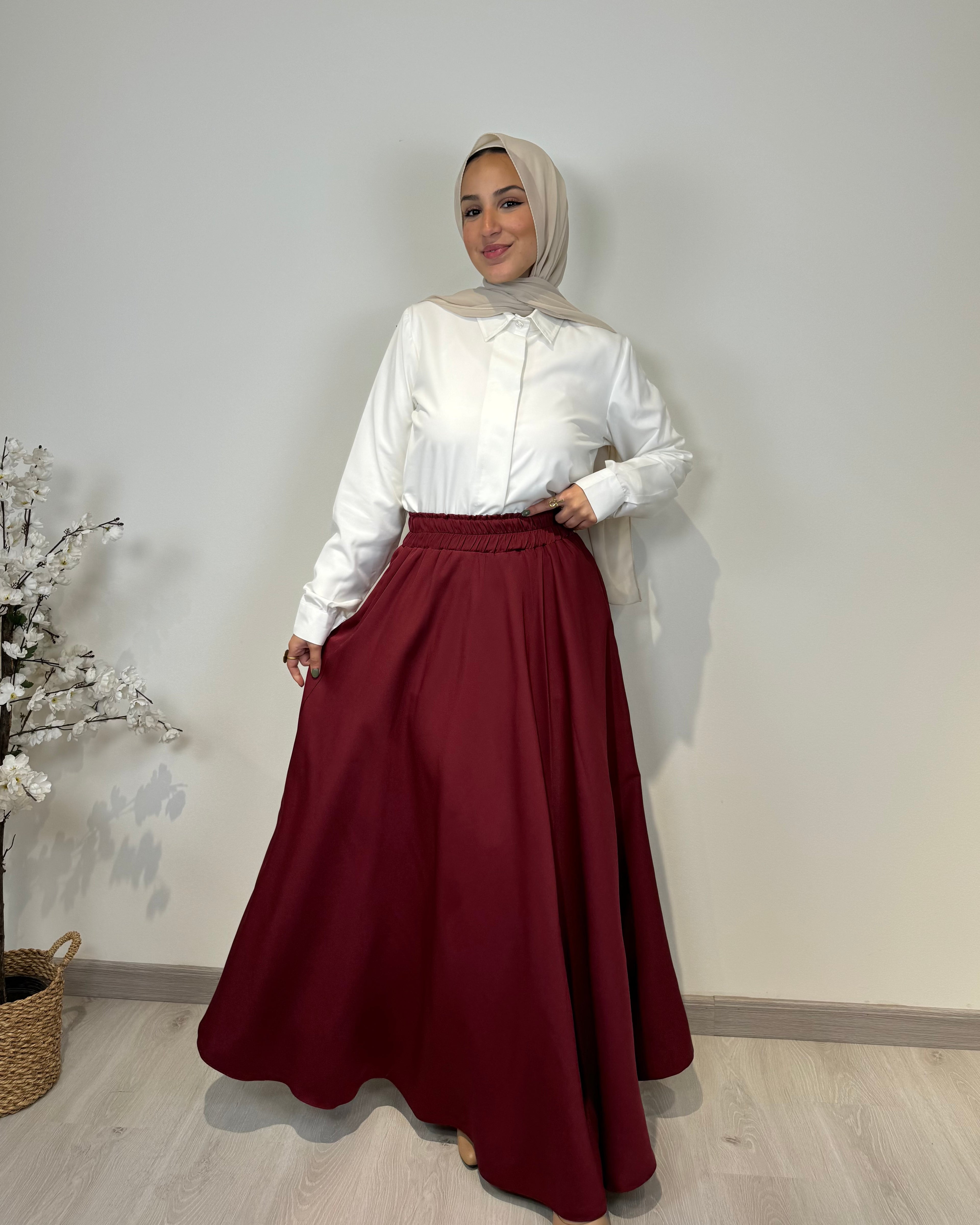 Crepe full cloche maxi skirt in burgundy with a flowing fit, length 100 cm