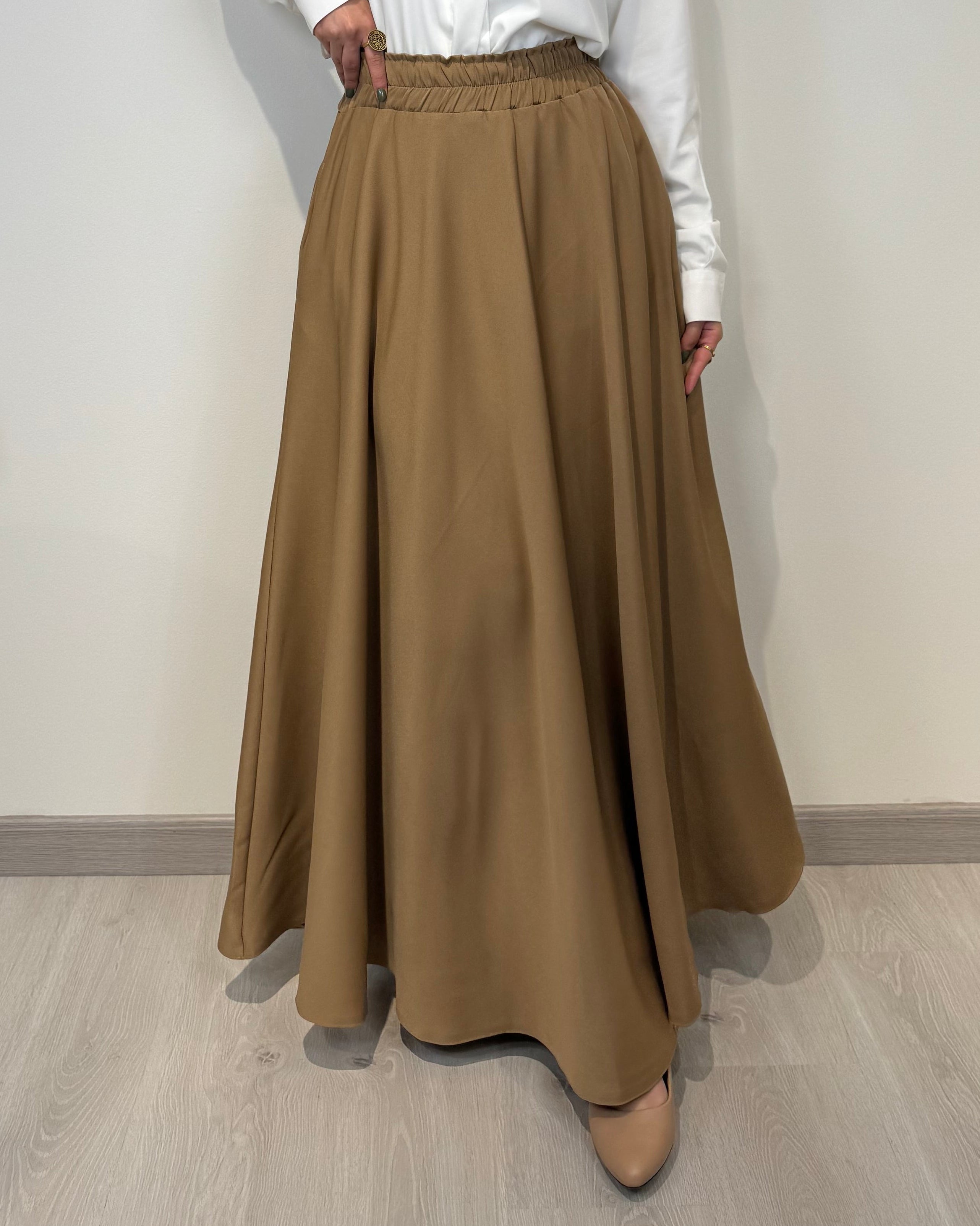 Crepe full cloche maxi skirt in coffee with a flowing fit, length 100 cm