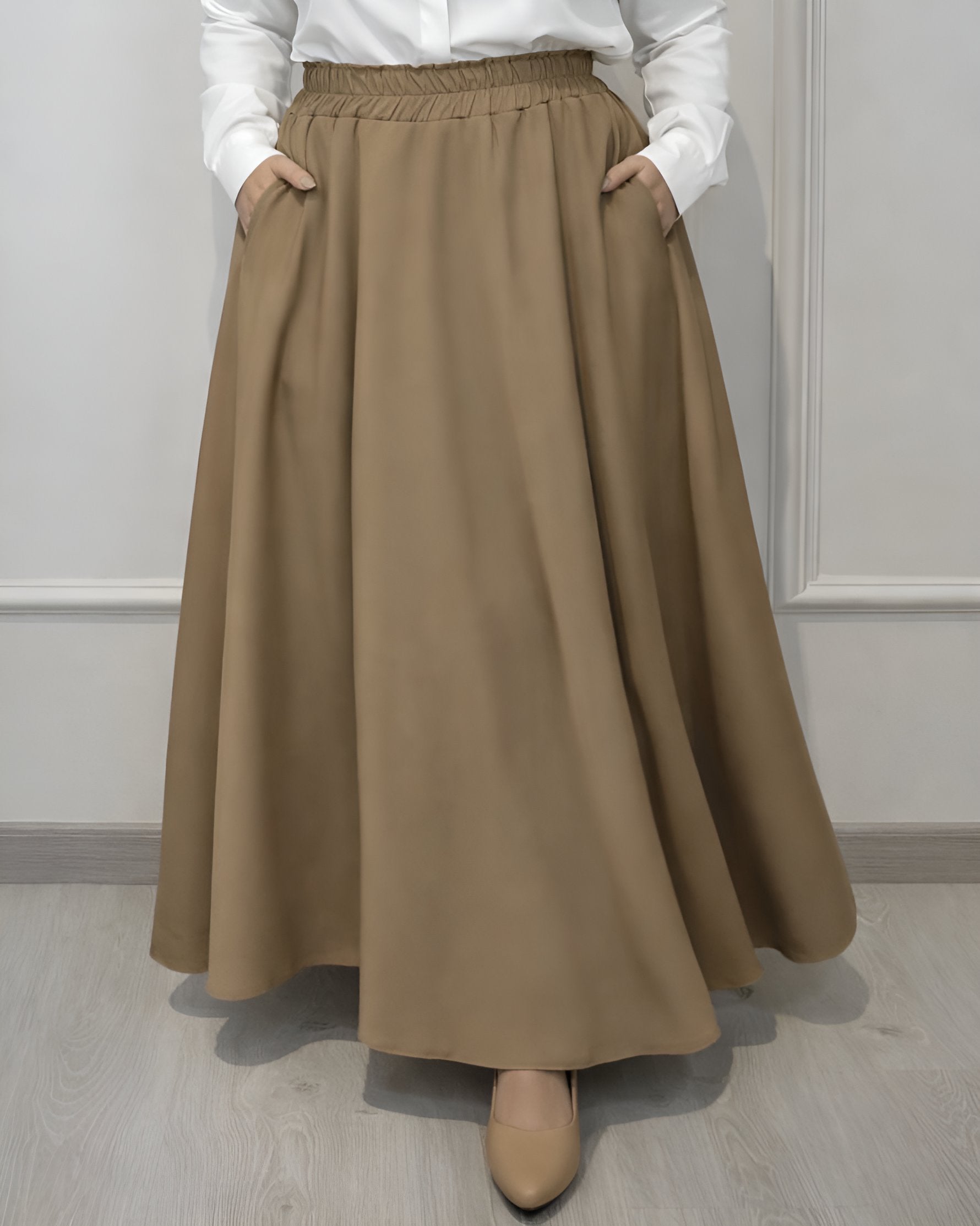 Crepe full cloche maxi skirt in coffee with a flowing fit, length 100 cm. Plus size