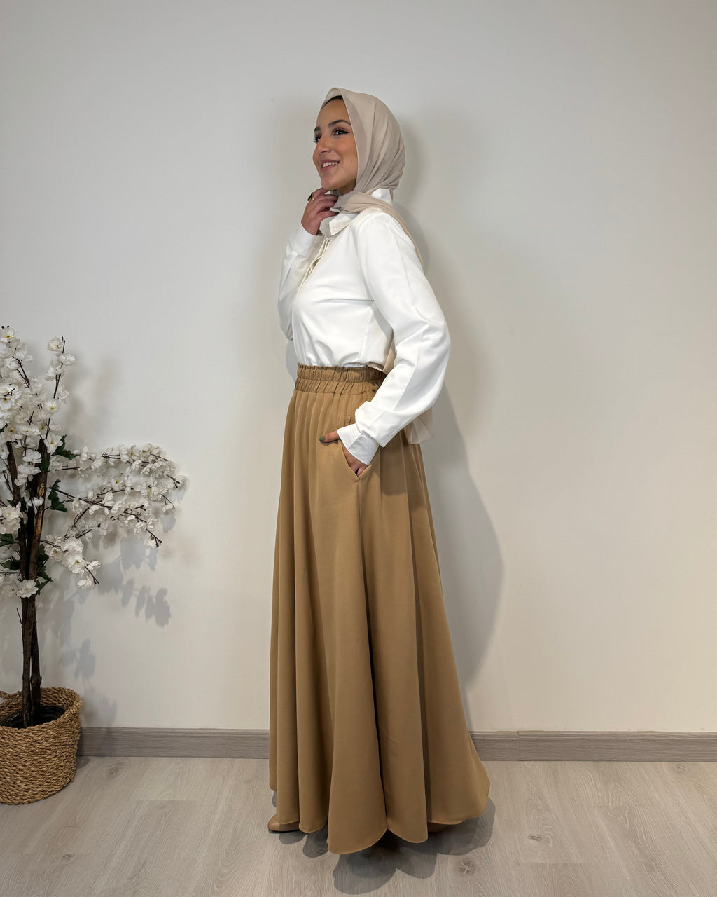 Crepe full cloche maxi skirt in coffee with a flowing fit, length 100 cm