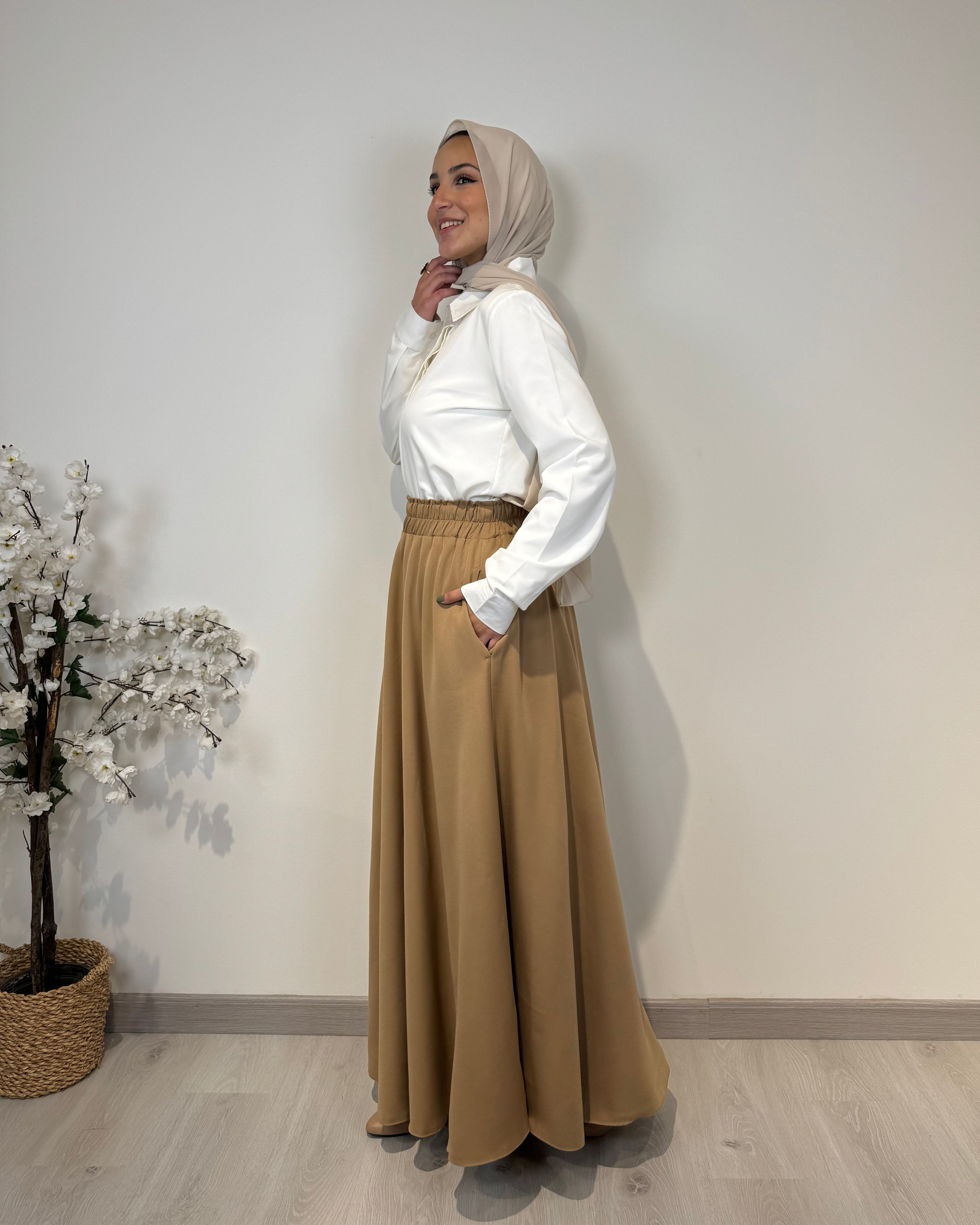 Crepe full cloche maxi skirt in coffee with a flowing fit, length 100 cm