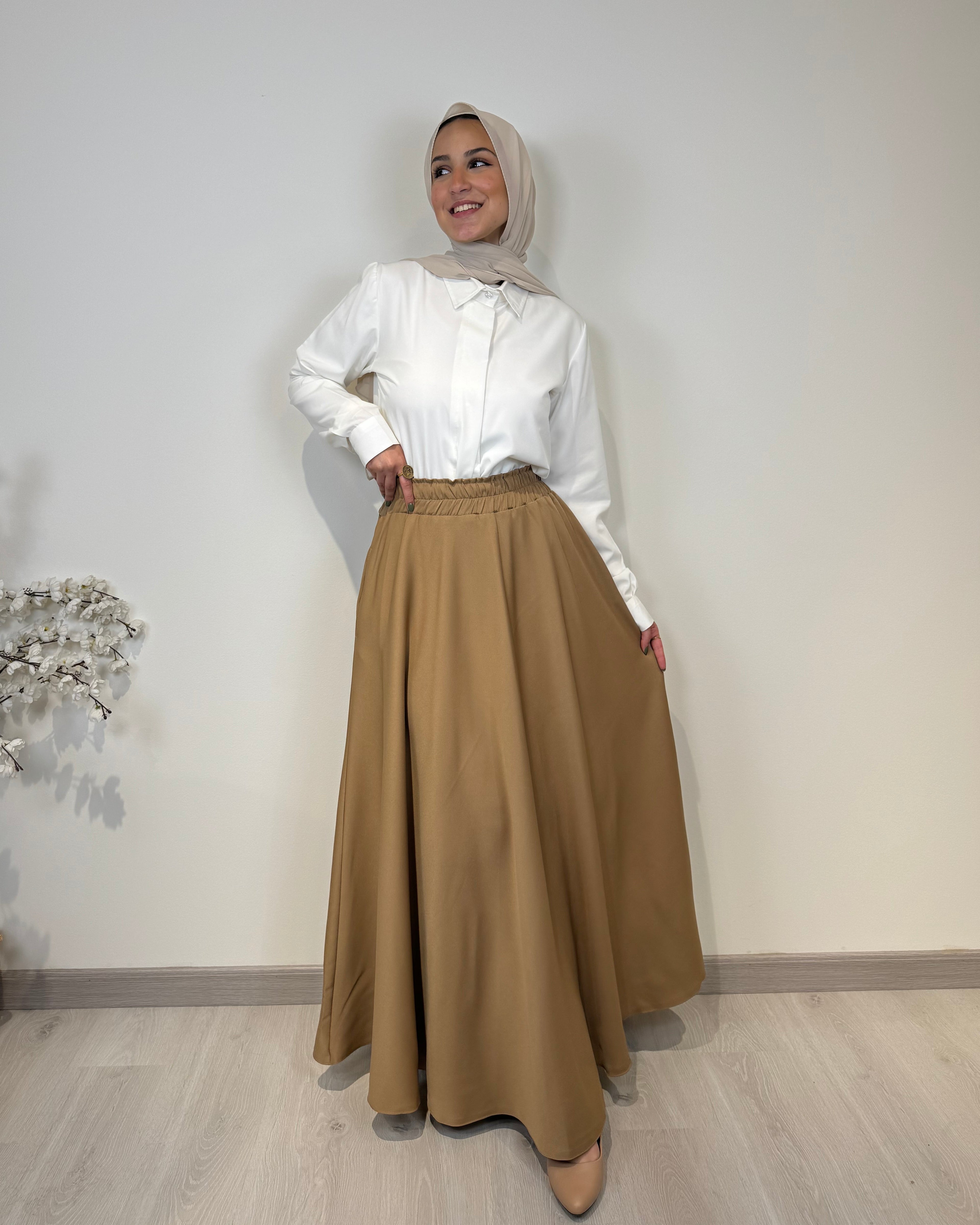 Crepe full cloche maxi skirt in coffee with a flowing fit, length 100 cm