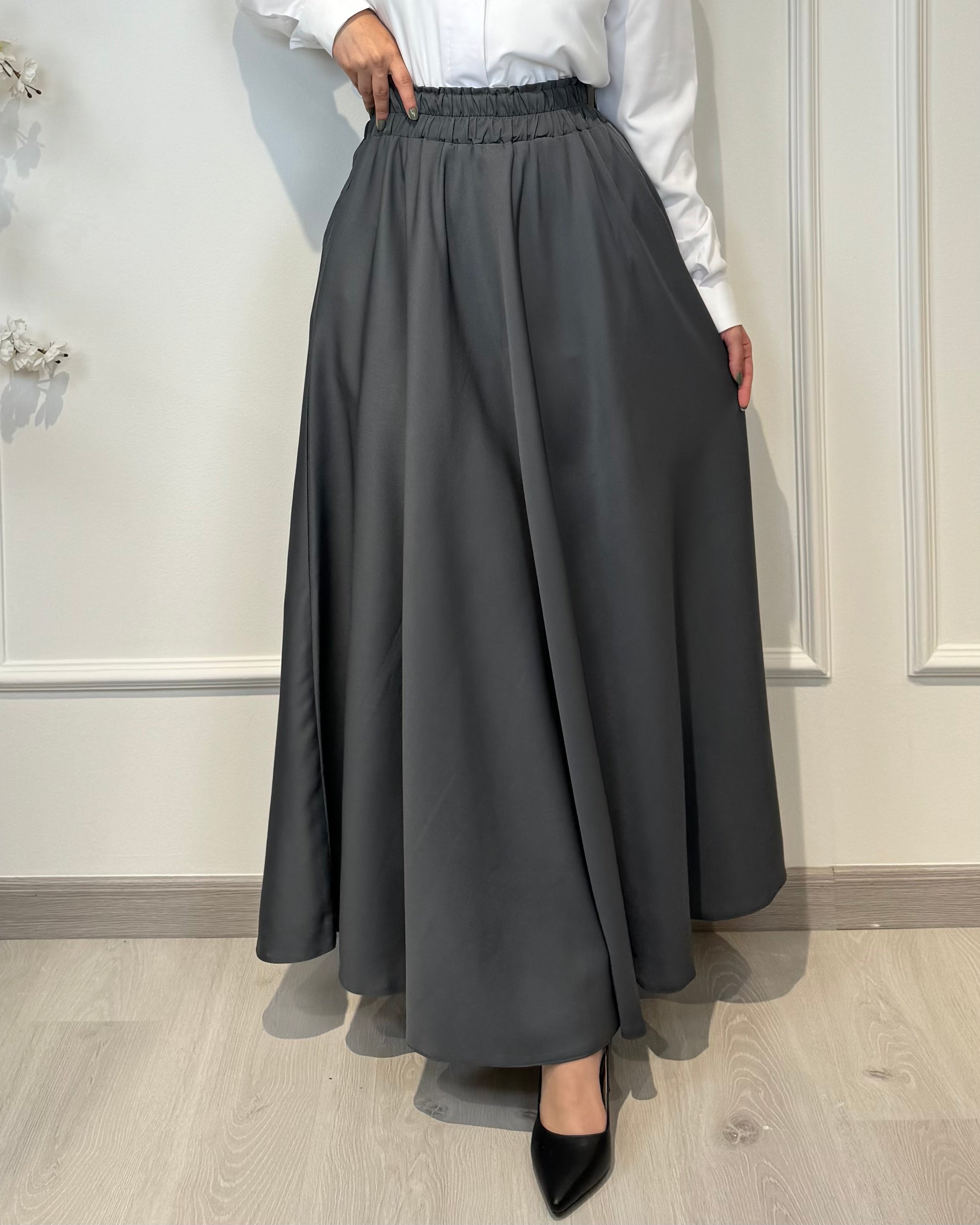 Crepe full cloche maxi skirt in dark grey with a flowing fit, length 100 cm
