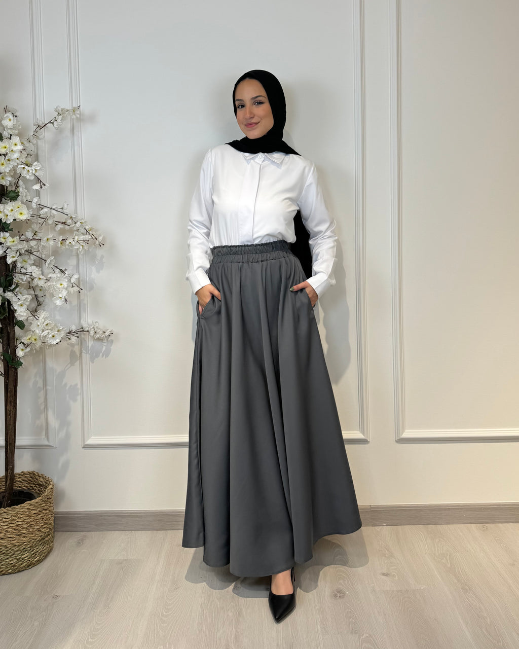 Crepe full cloche maxi skirt in dark grey with a flowing fit, length 100 cm