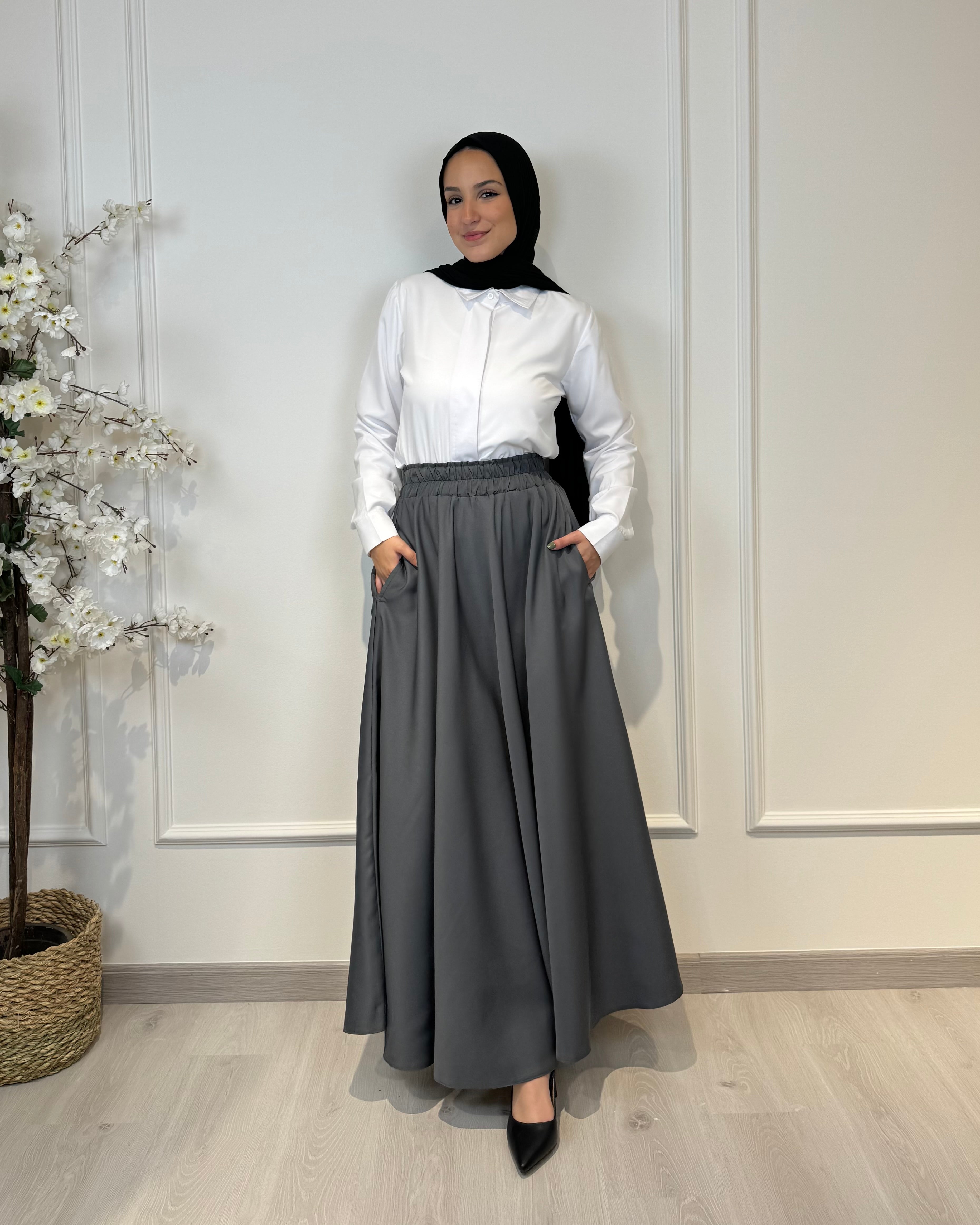Crepe full cloche maxi skirt in dark grey with a flowing fit, length 100 cm