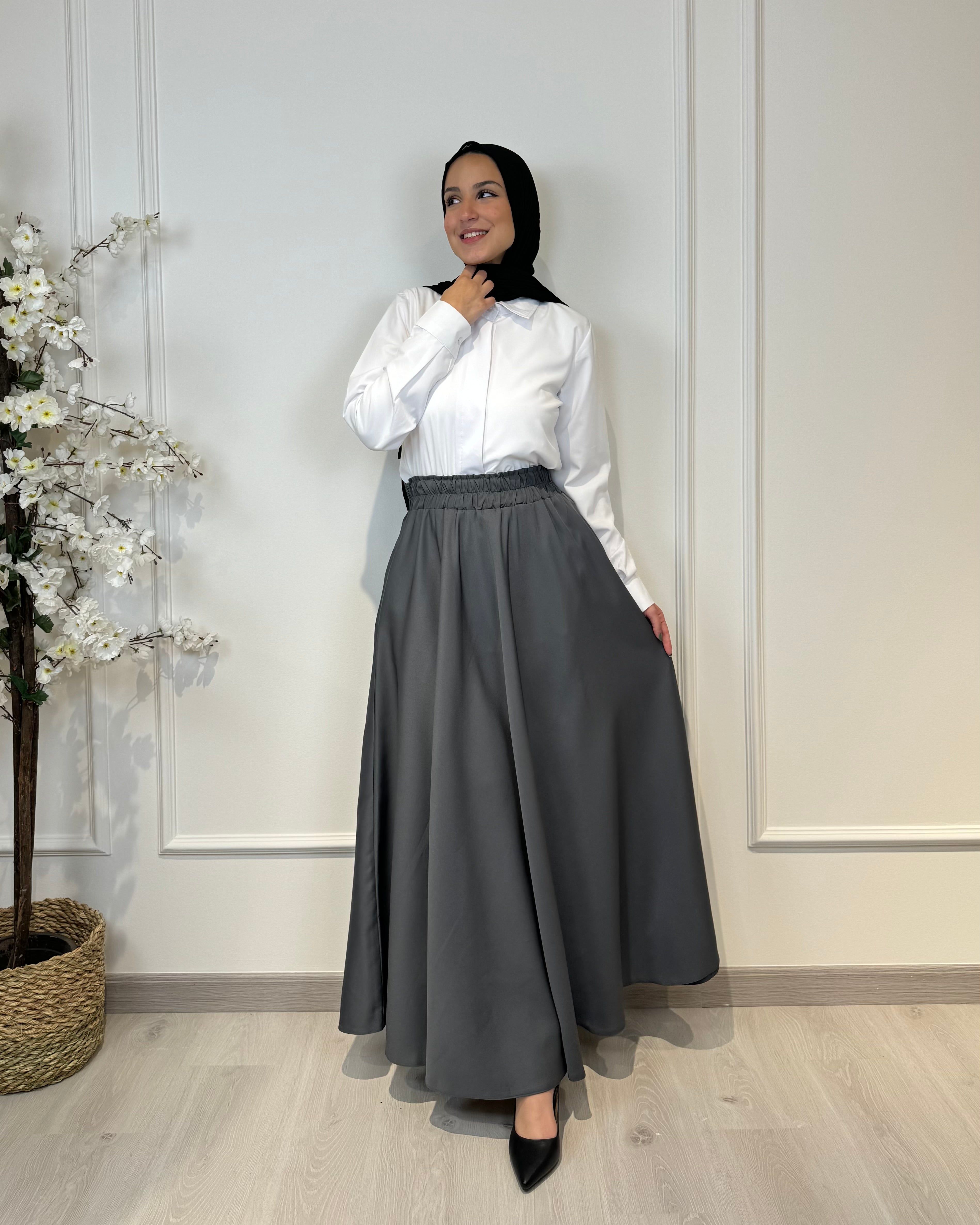 Crepe full cloche maxi skirt in dark grey with a flowing fit, length 100 cm