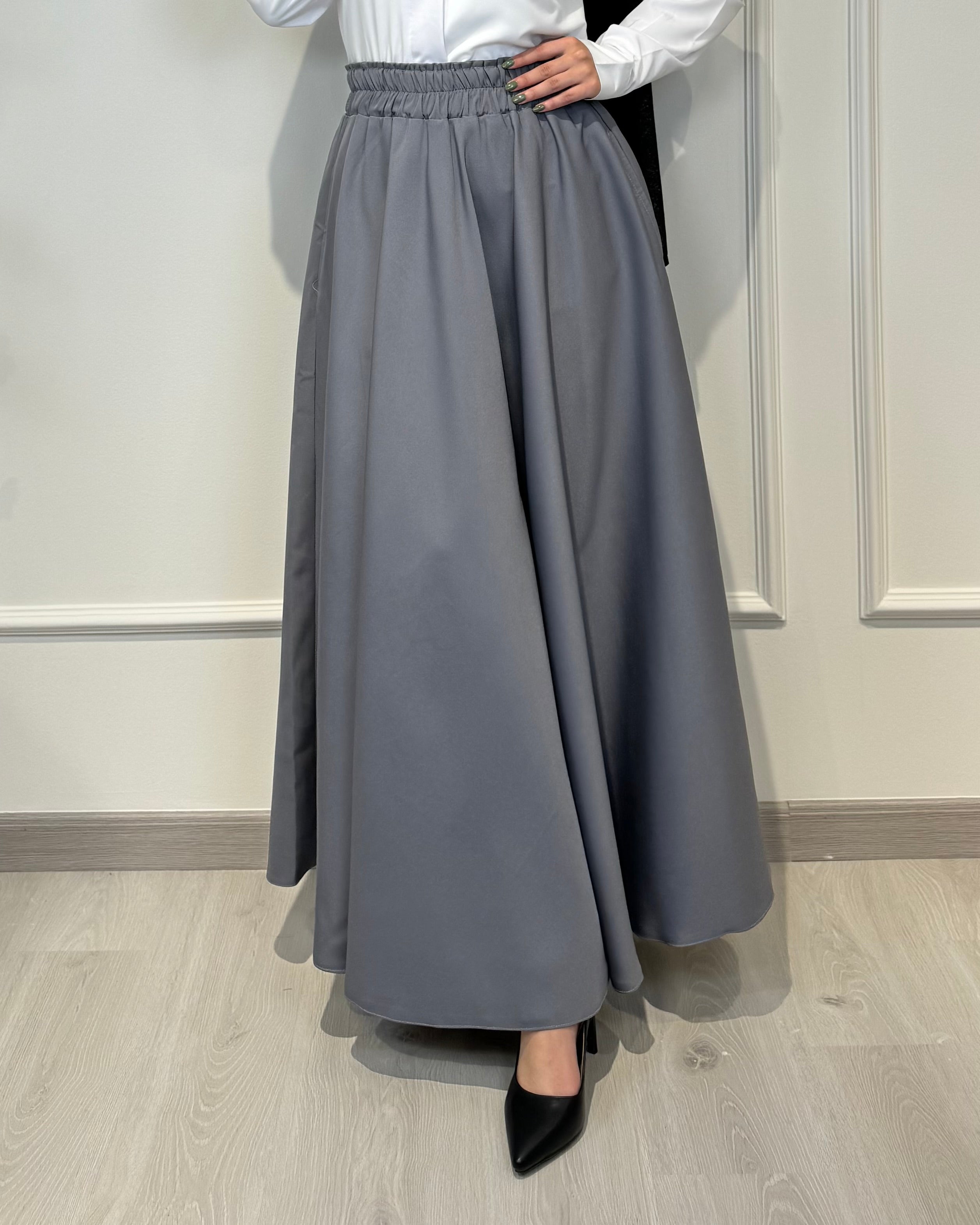 Crepe full cloche maxi skirt in grey with a flowing fit, length 100 cm