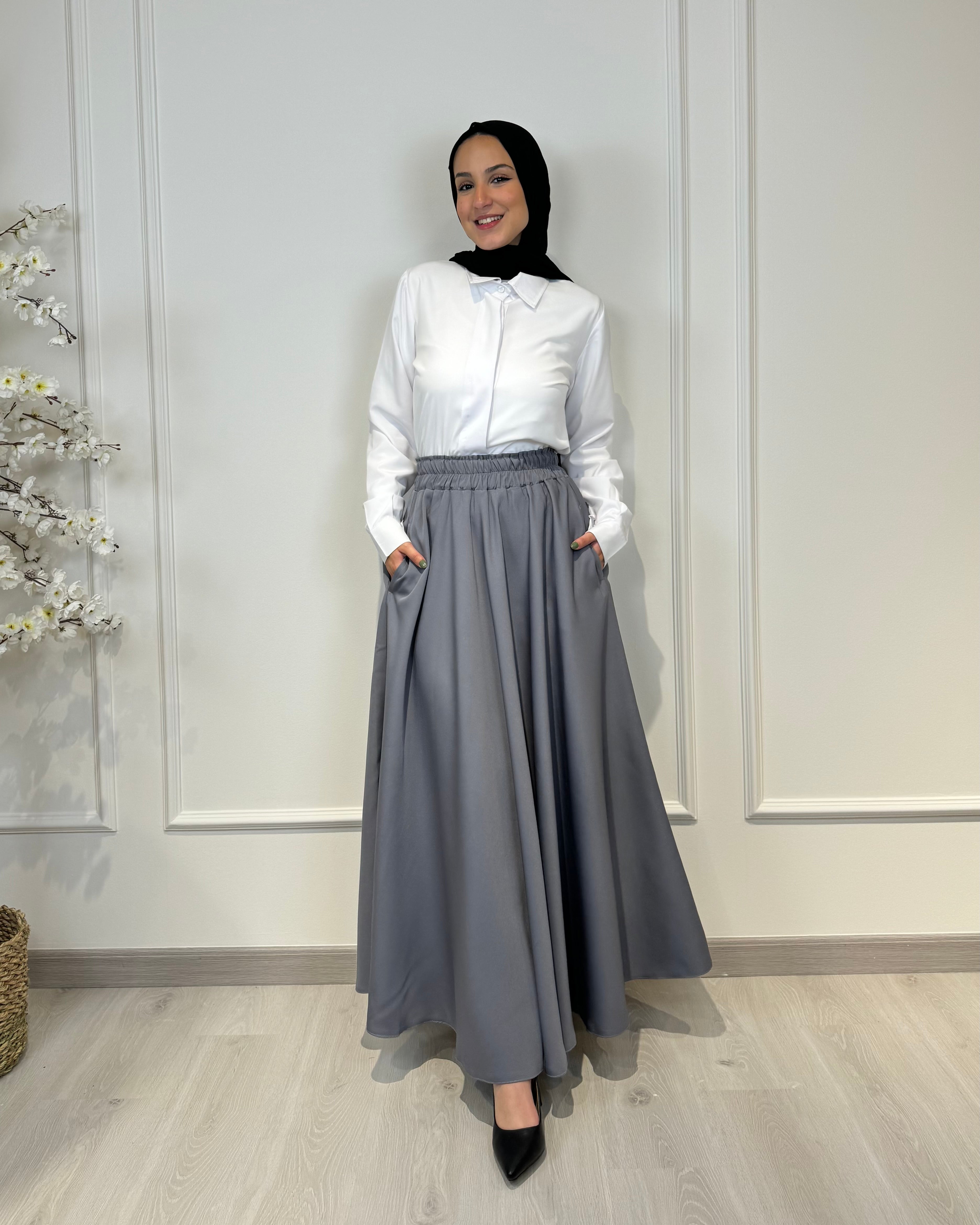 Crepe full cloche maxi skirt in grey with a flowing fit, length 100 cm