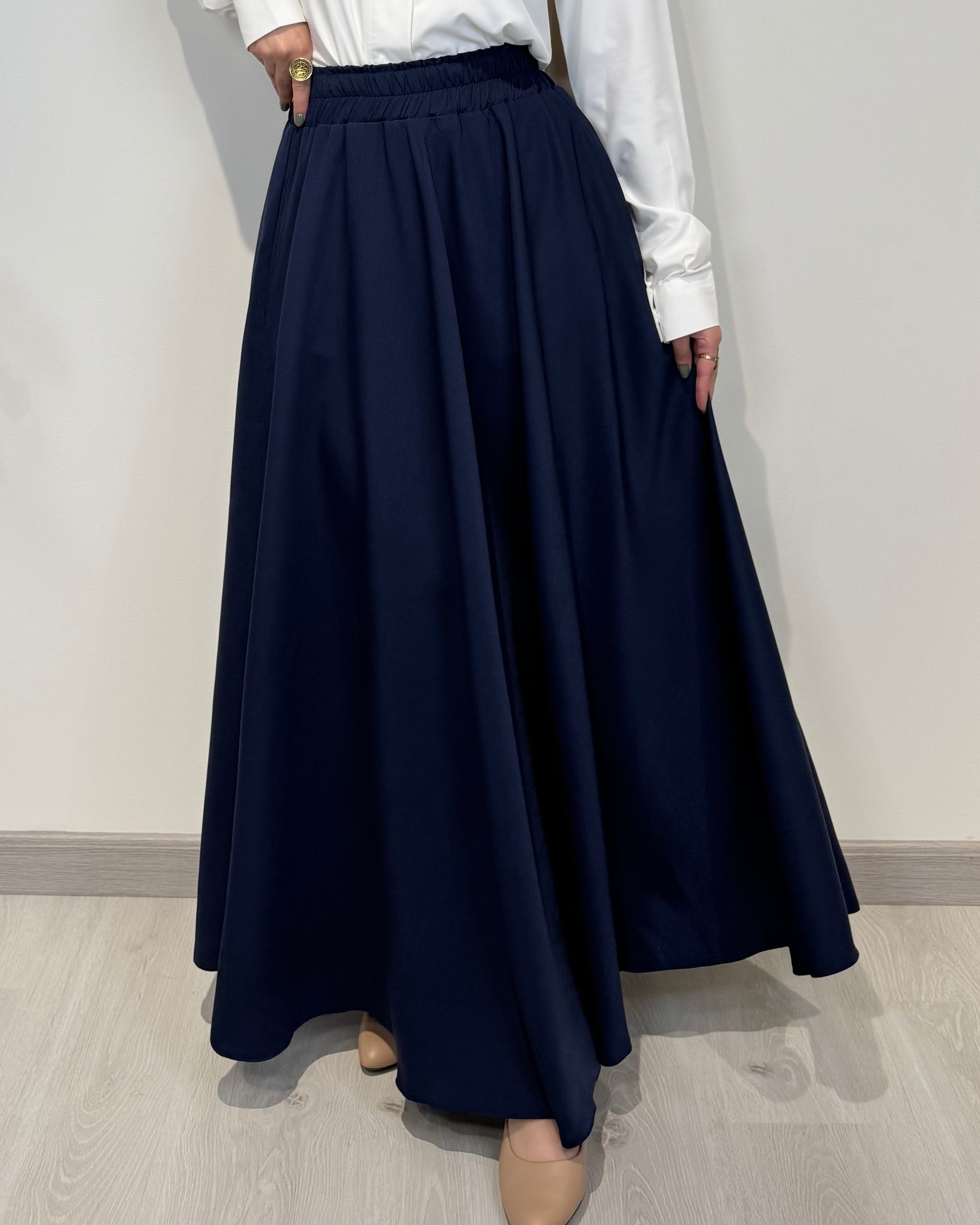 Crepe full cloche maxi skirt in navy with a flowing fit, length 100 cm