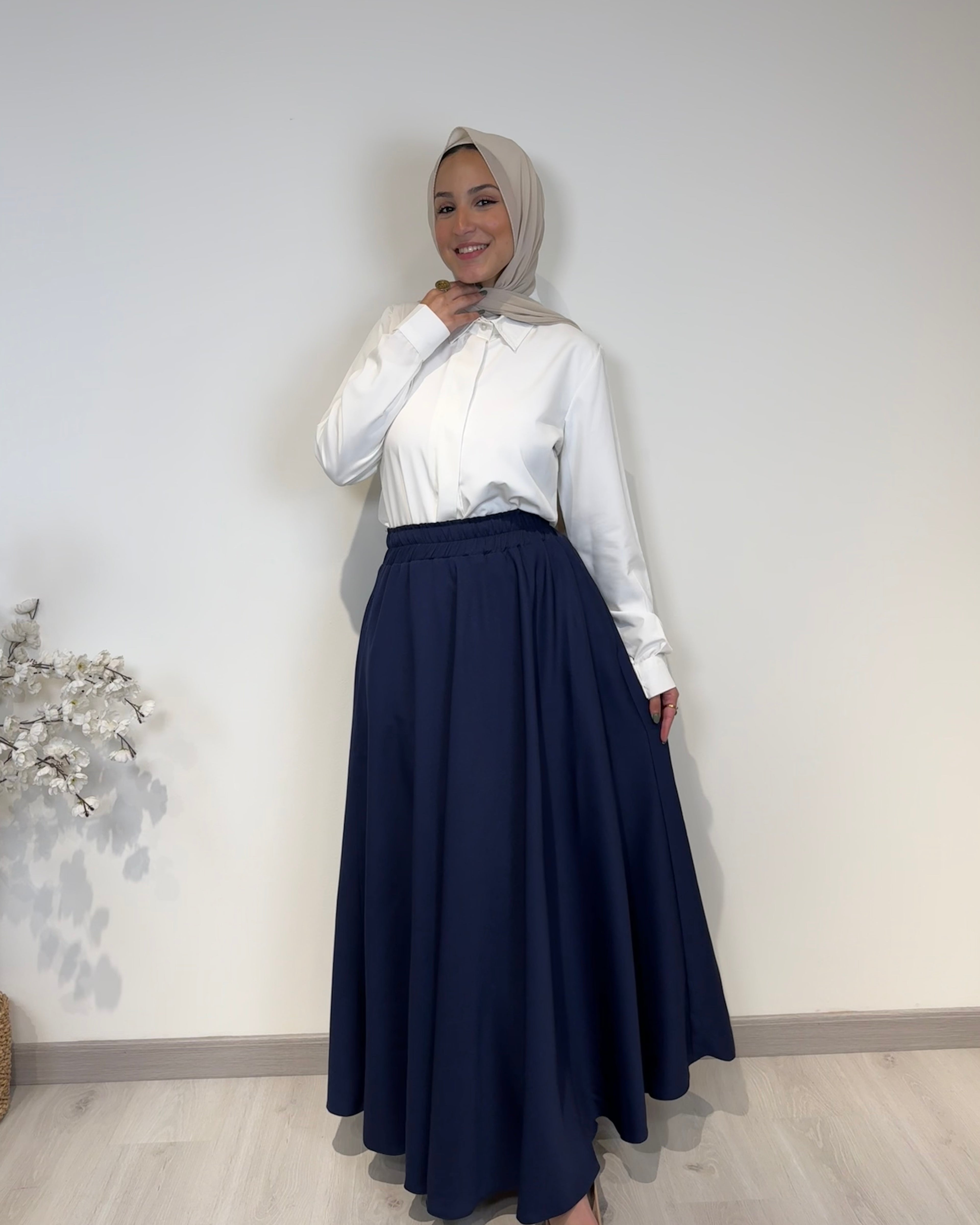 Crepe full cloche maxi skirt in navy with a flowing fit, length 100 cm
