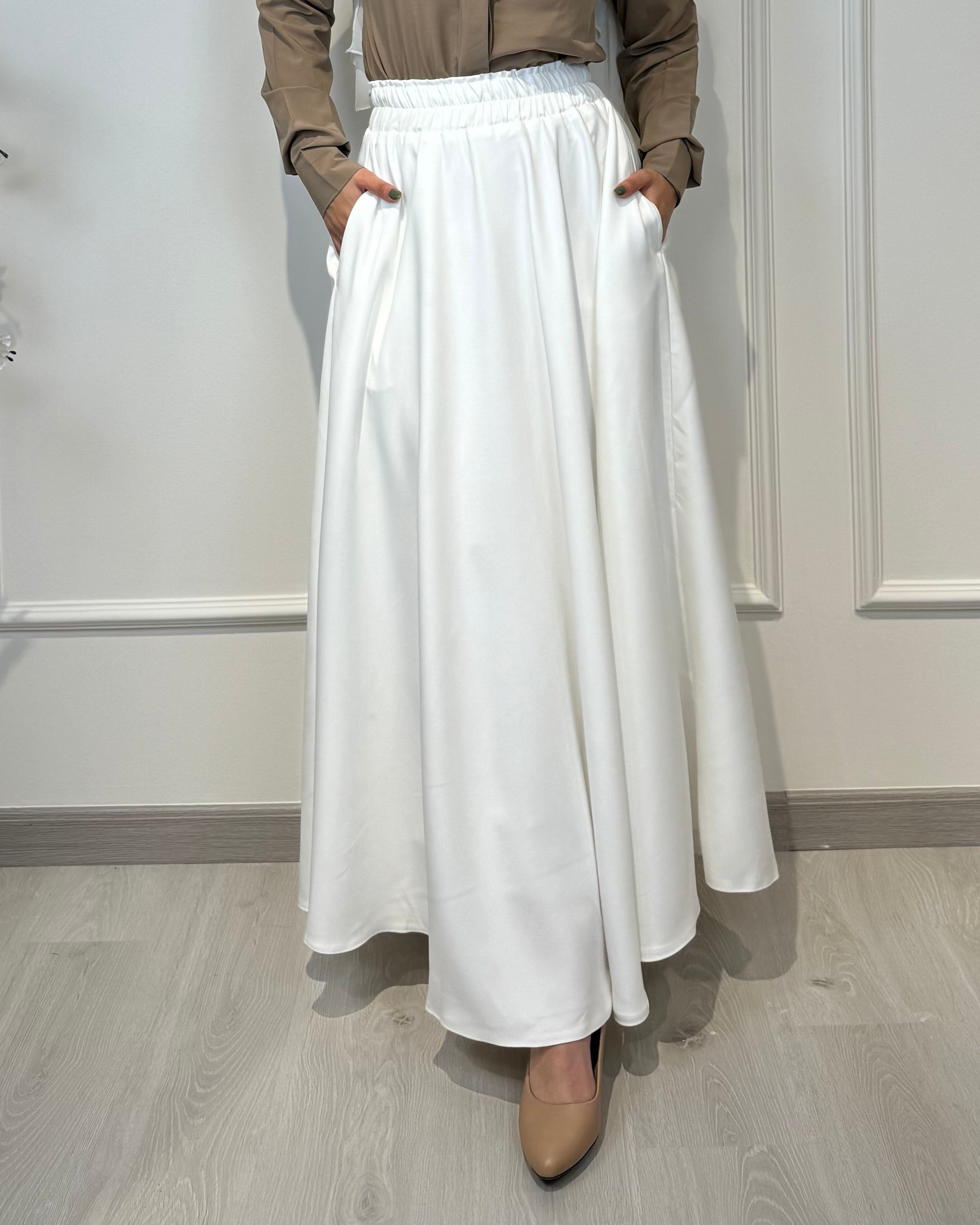 Crepe full cloche maxi skirt in off-white with a flowing fit, length 100 cm