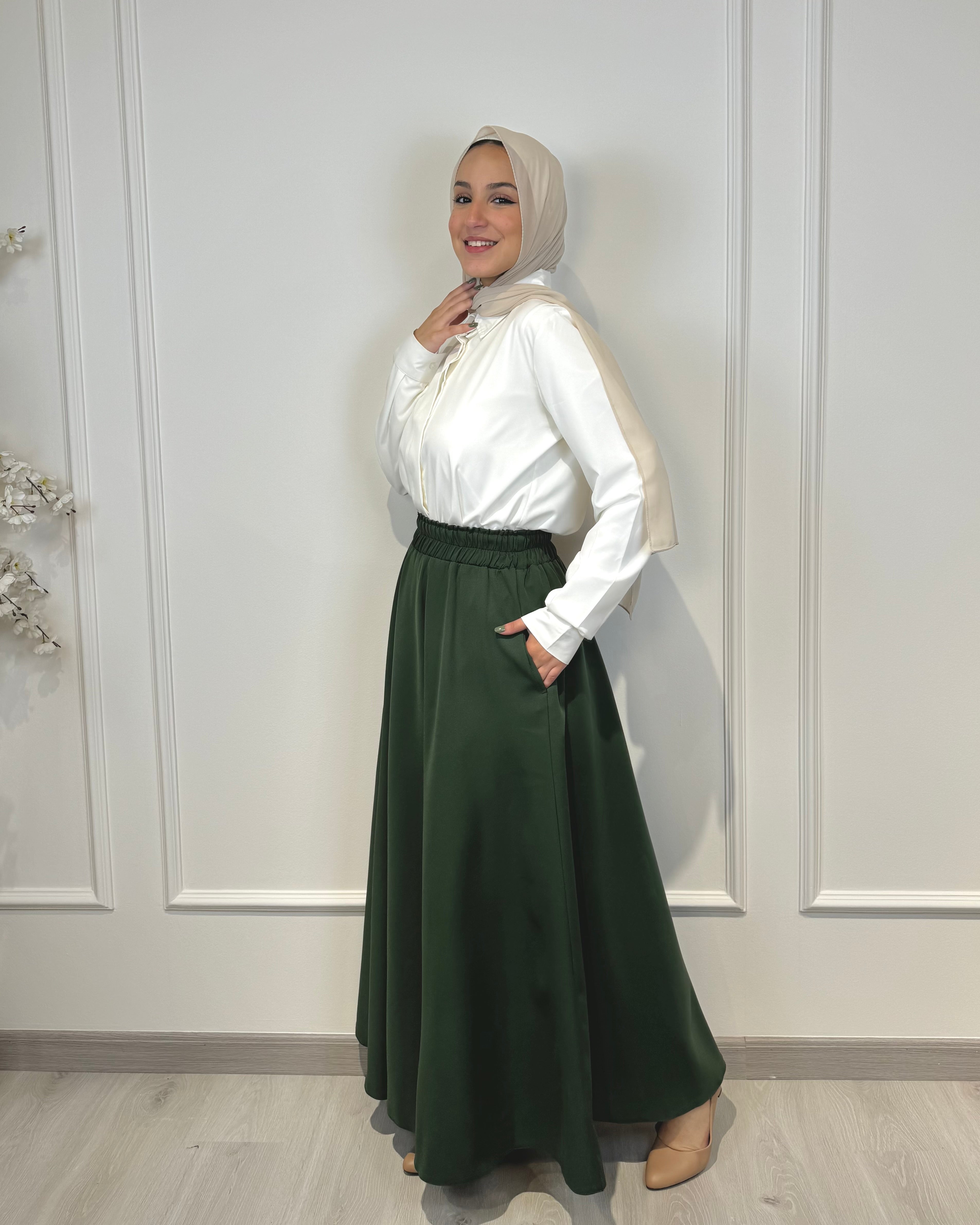 Crepe full cloche maxi skirt in olive with a flowing fit, length 100 cm