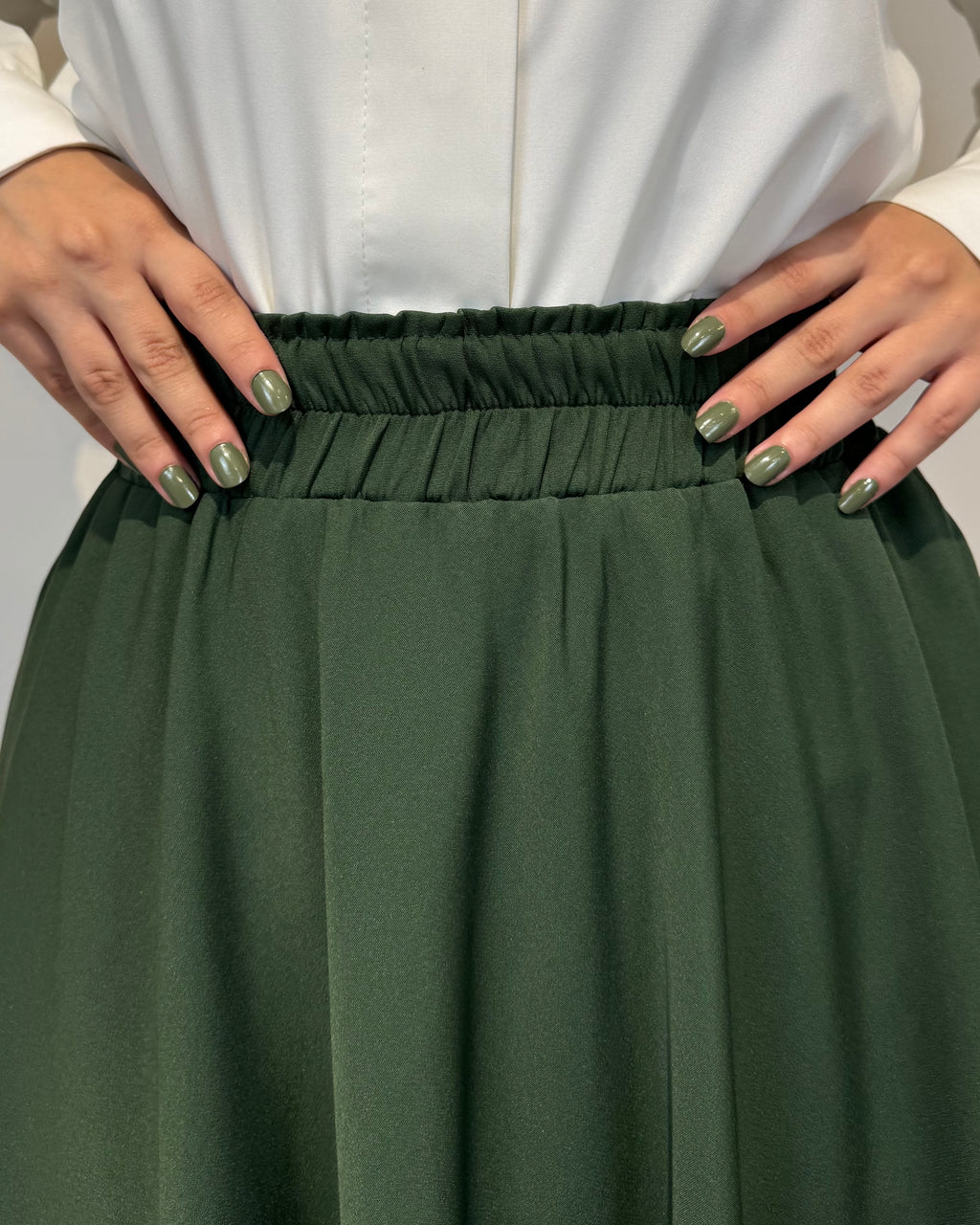 Crepe full cloche maxi skirt in olive with a flowing fit, length 100 cm