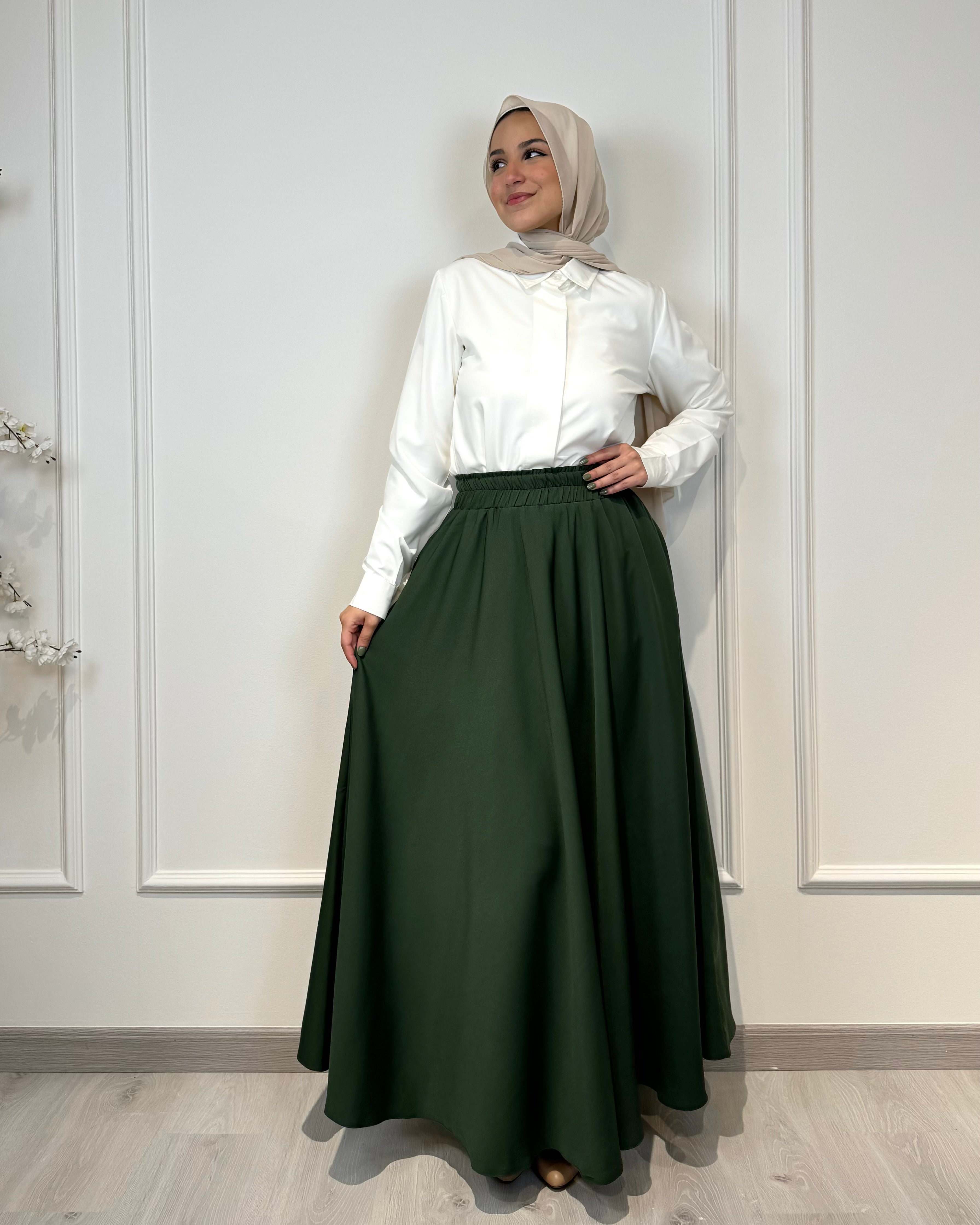 Crepe full cloche maxi skirt in olive with a flowing fit, length 100 cm