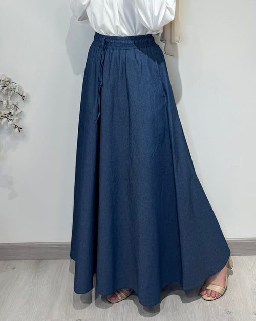 Denim full cloche skirt with high waist and wide flowy cut, modest long skirt
