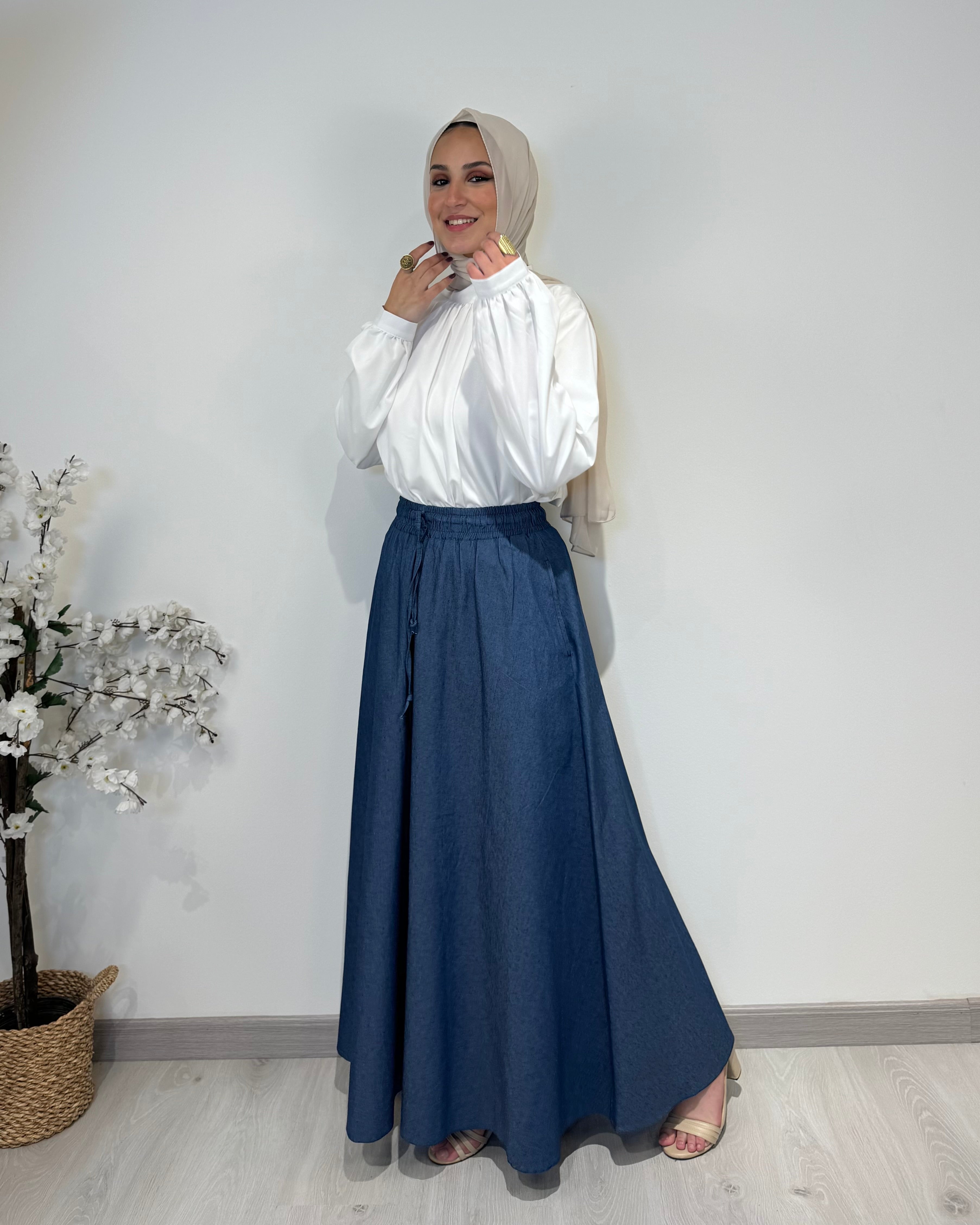 Denim full cloche skirt with high waist and wide flowy cut, modest long skirt.