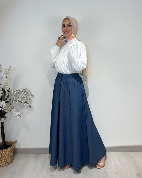 Denim full cloche skirt with high waist and wide flowy cut, modest long skirt.