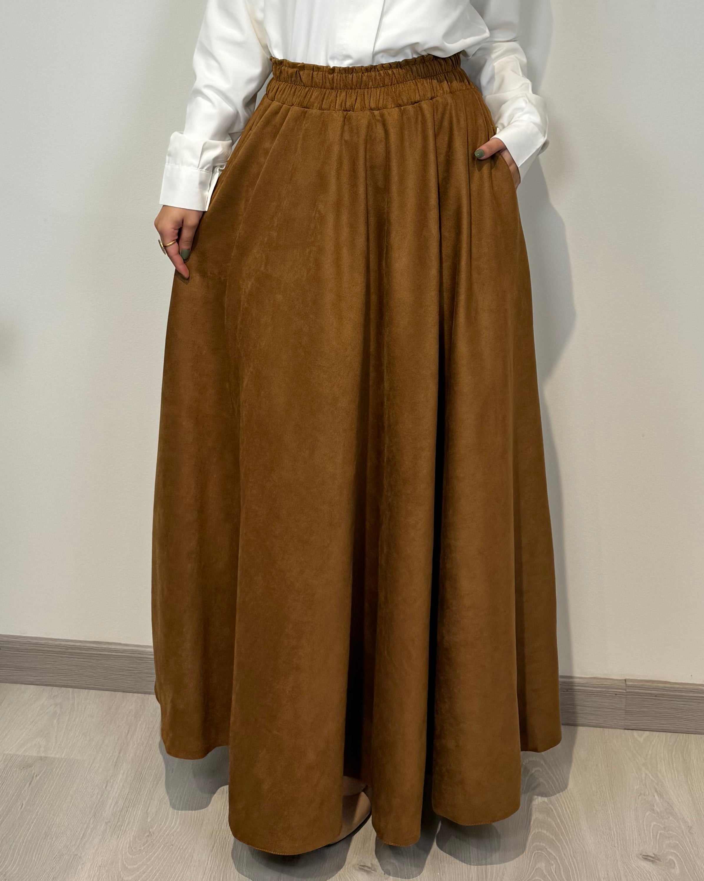 camel full cloche suede skirt with soft texture and elegant modest style