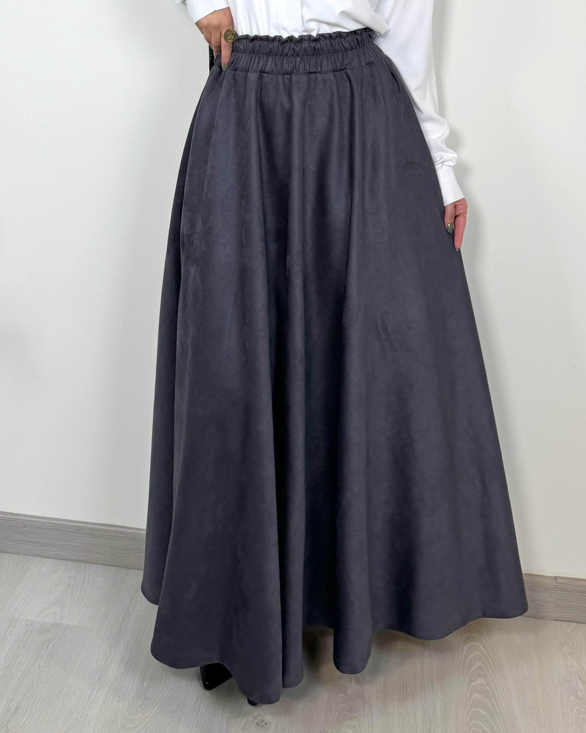 Dark grey full cloche suede skirt with soft texture and elegant modest style